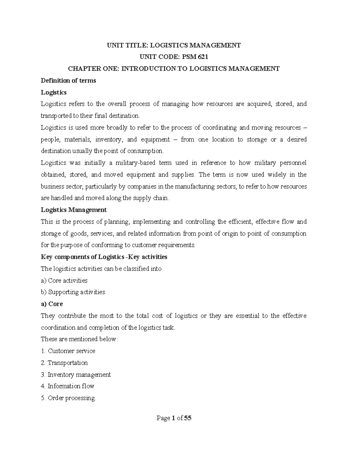 Logistics Management Overview: PSM 621 Chapter 1 Insights - Studocu