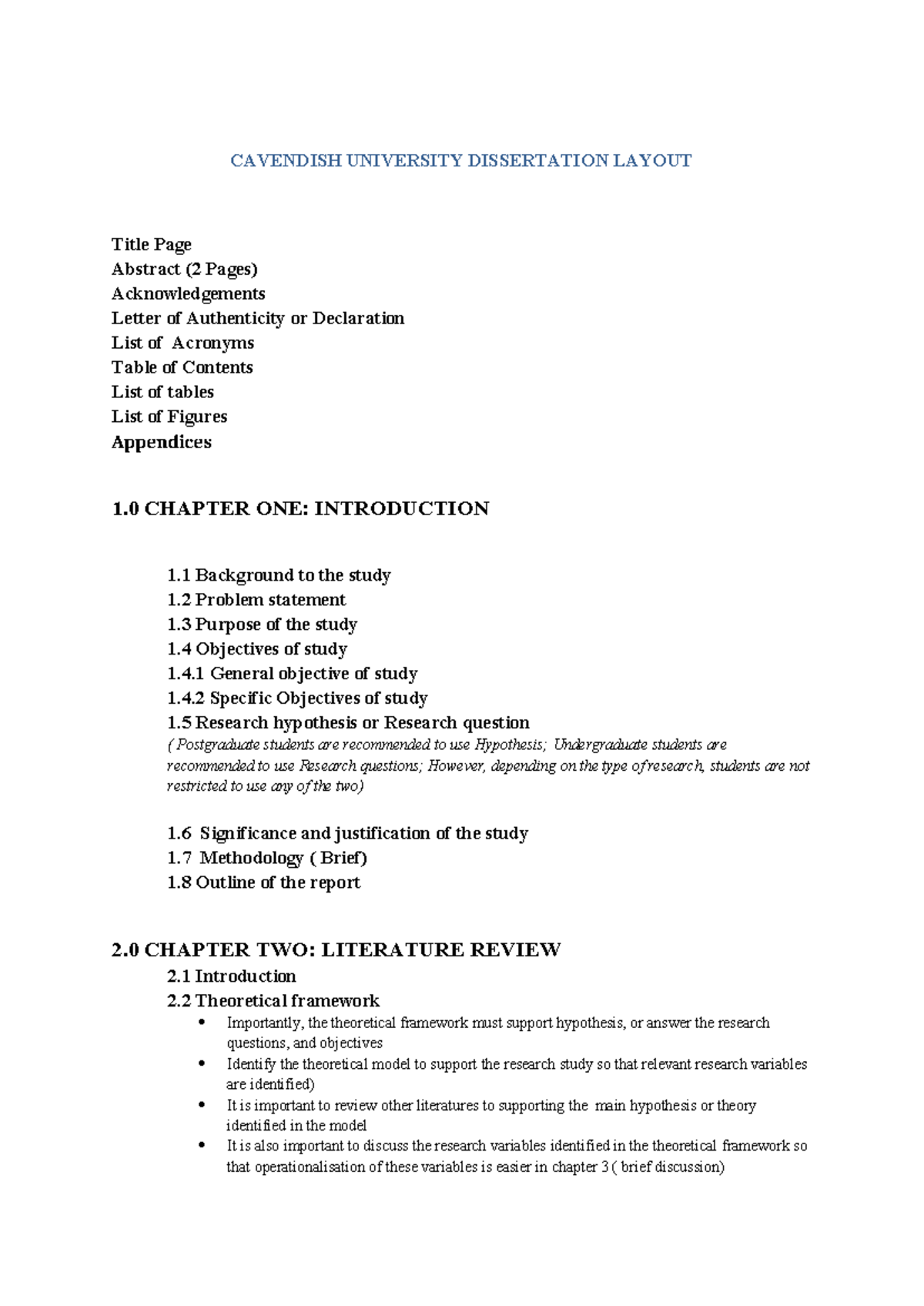 CAVENDISH UNIVERSITY DISSERTATION LAYOUT GUIDE - Studocu