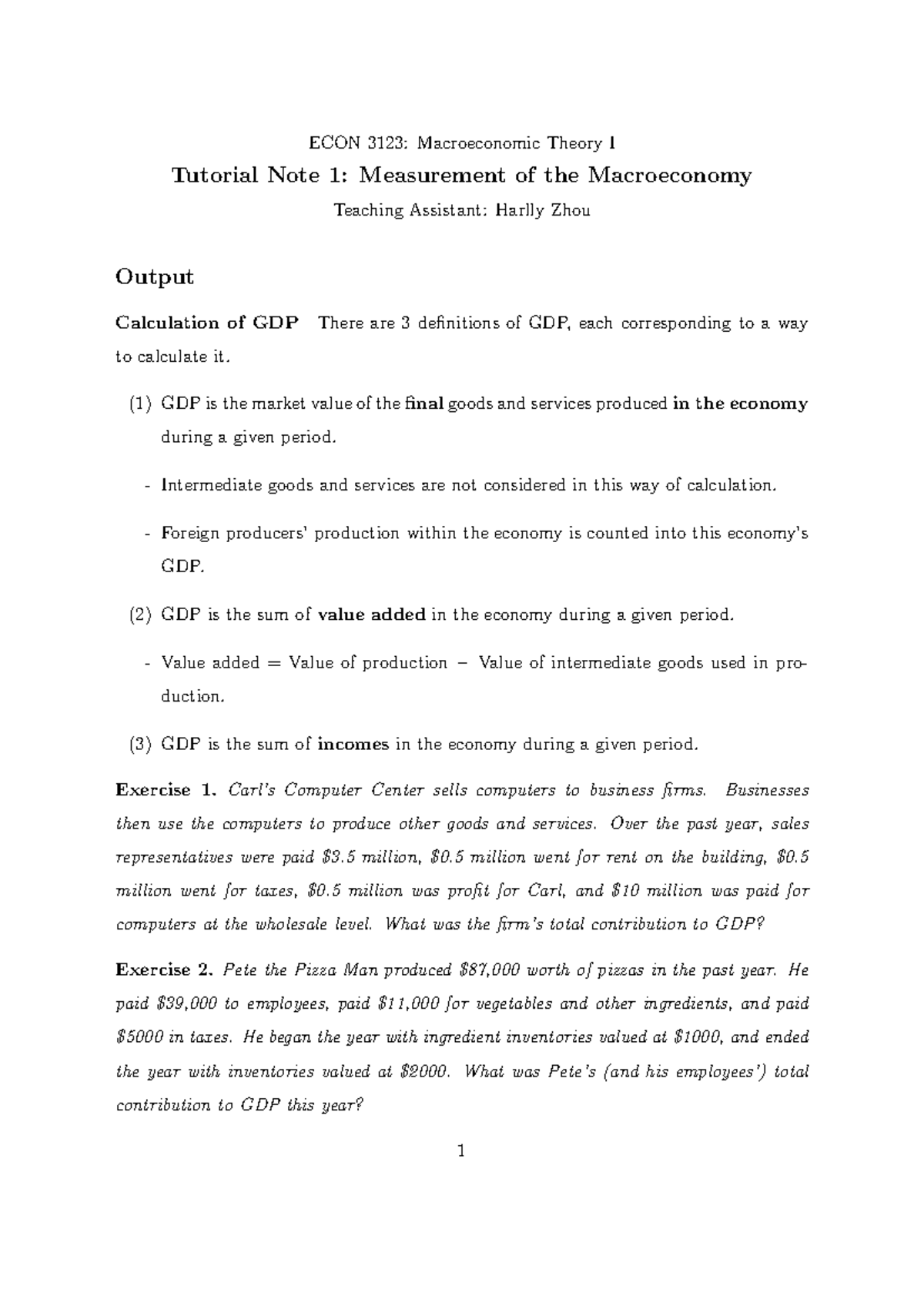 ECON 3123: Macroeconomic Theory I - Tutorial Note 1 on GDP Measurement ...