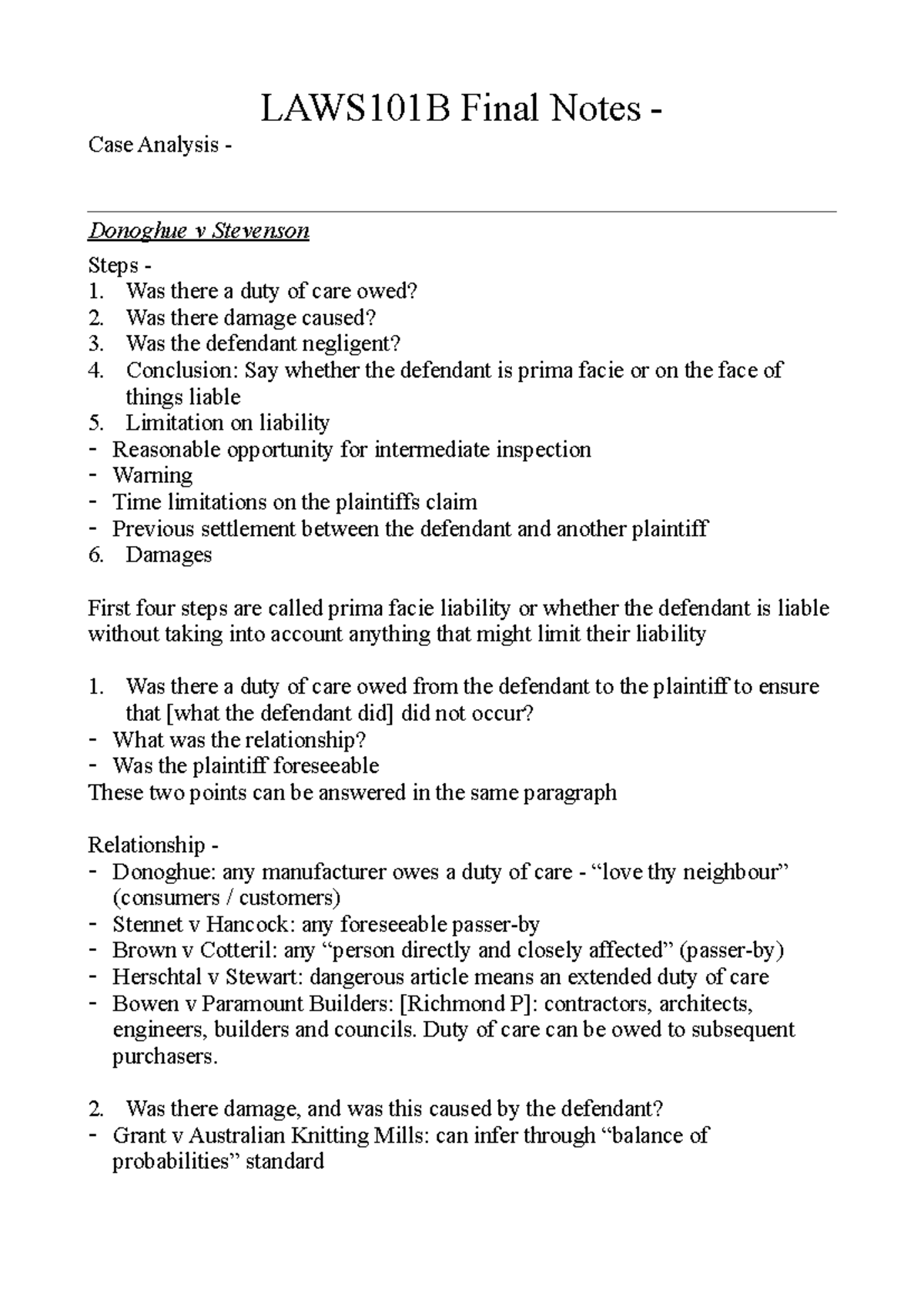 LAWS101B Final Exam Notes: Donoghue v Stevenson Case Analysis - Studocu