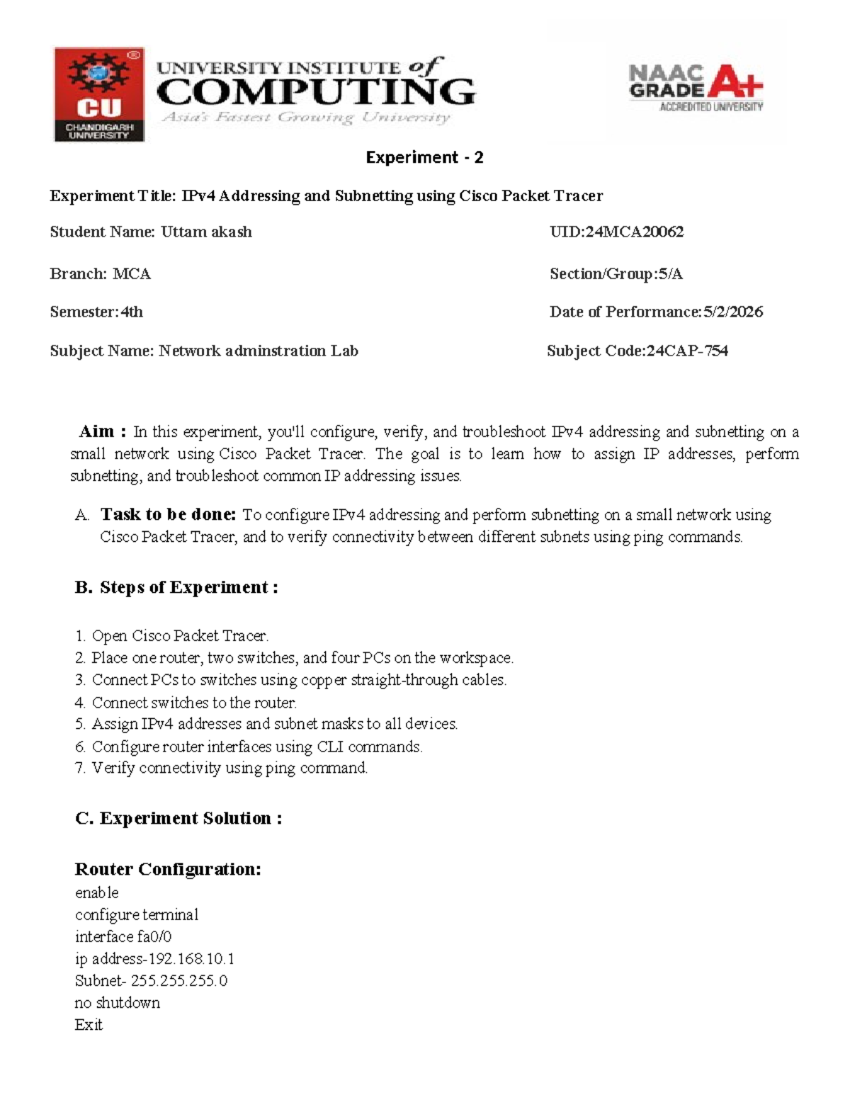 MCA 4th Sem Lab: IPv4 Addressing & Subnetting with Cisco Packet Tracer ...
