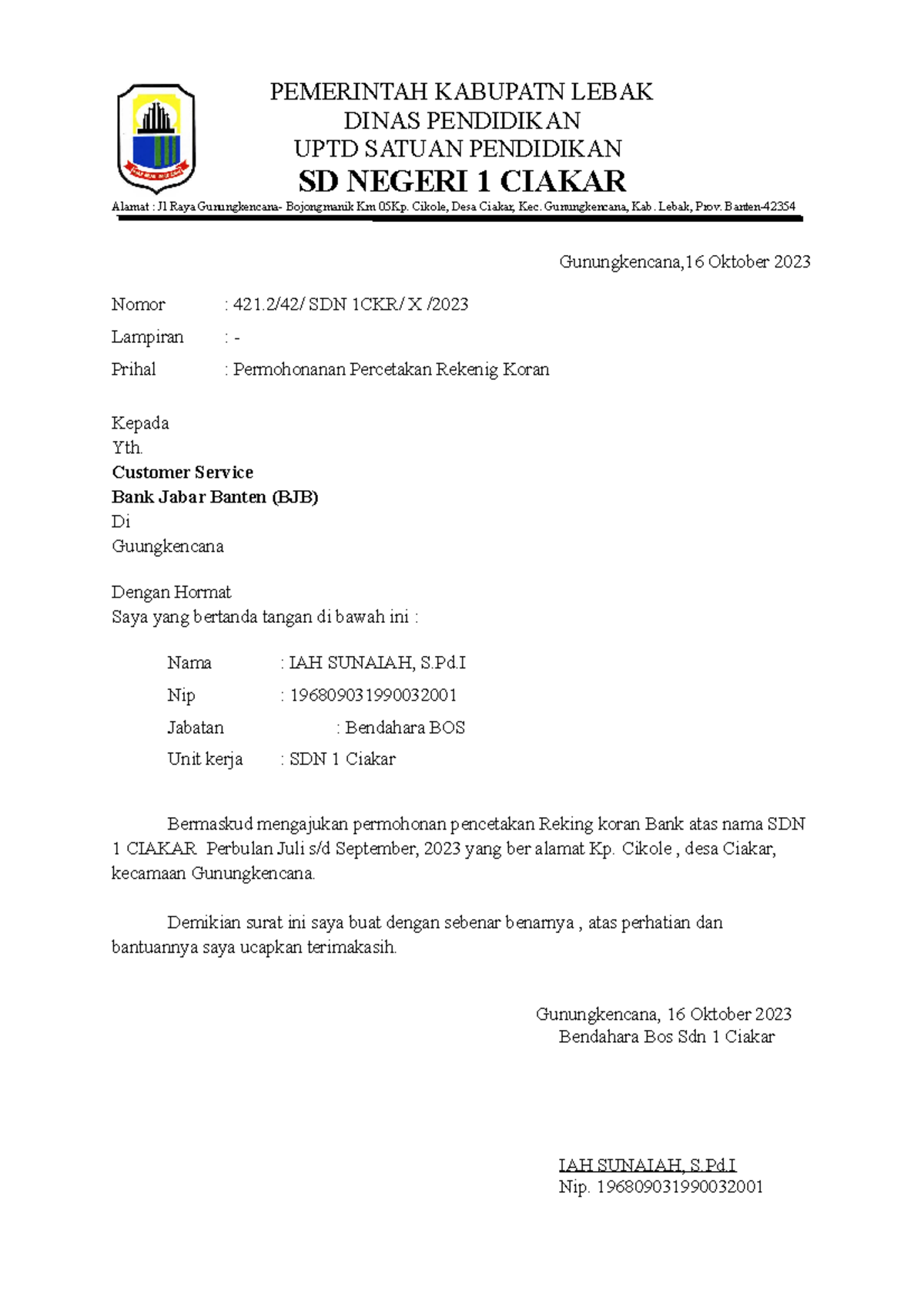 Permohonan Pencetakan Reking Koran SDN 1 Ciakar - 16 Okt 2023 - Studocu