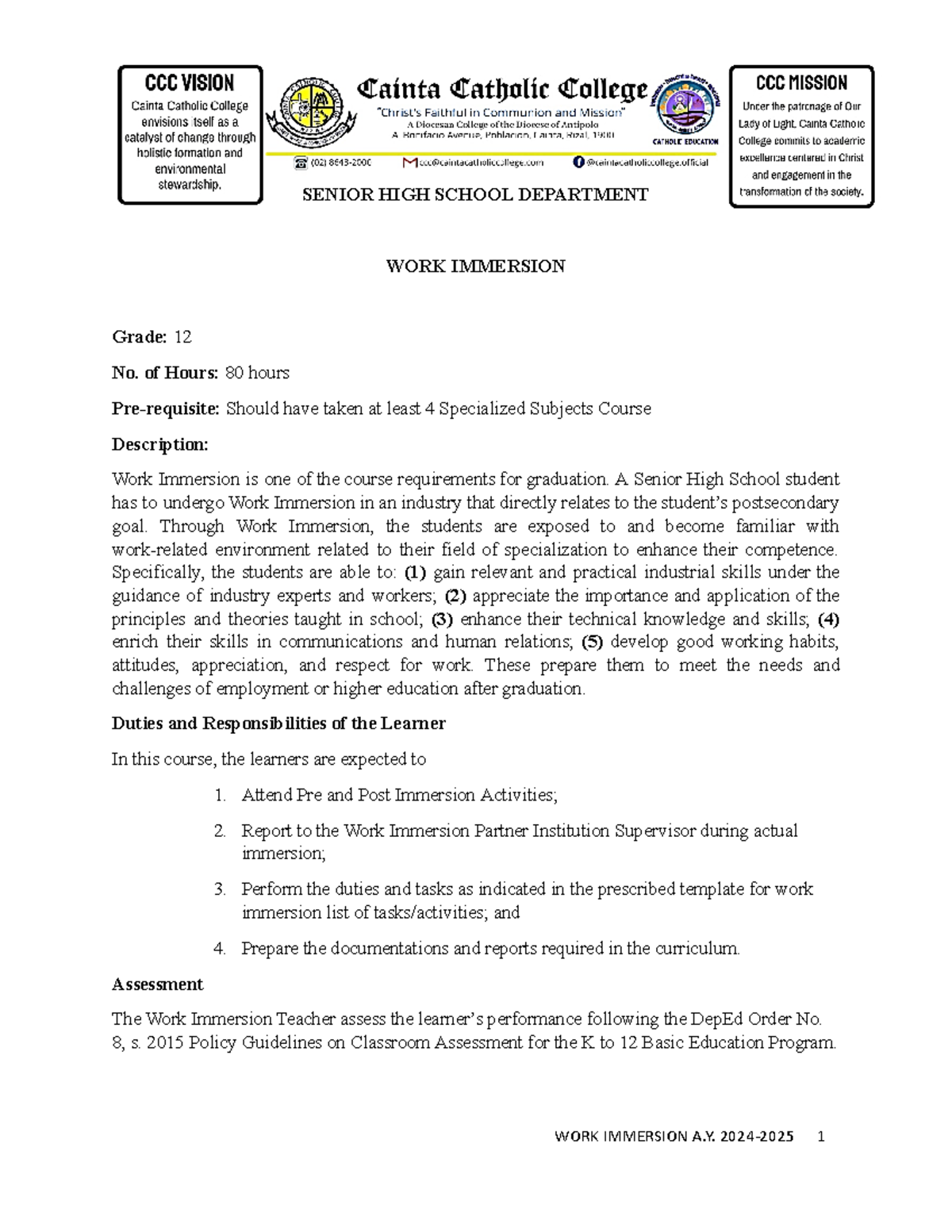 WORK IMMERSION PORTFOLIO A.Y. 2023 - SENIOR HIGH SCHOOL DEPARTMENT ...