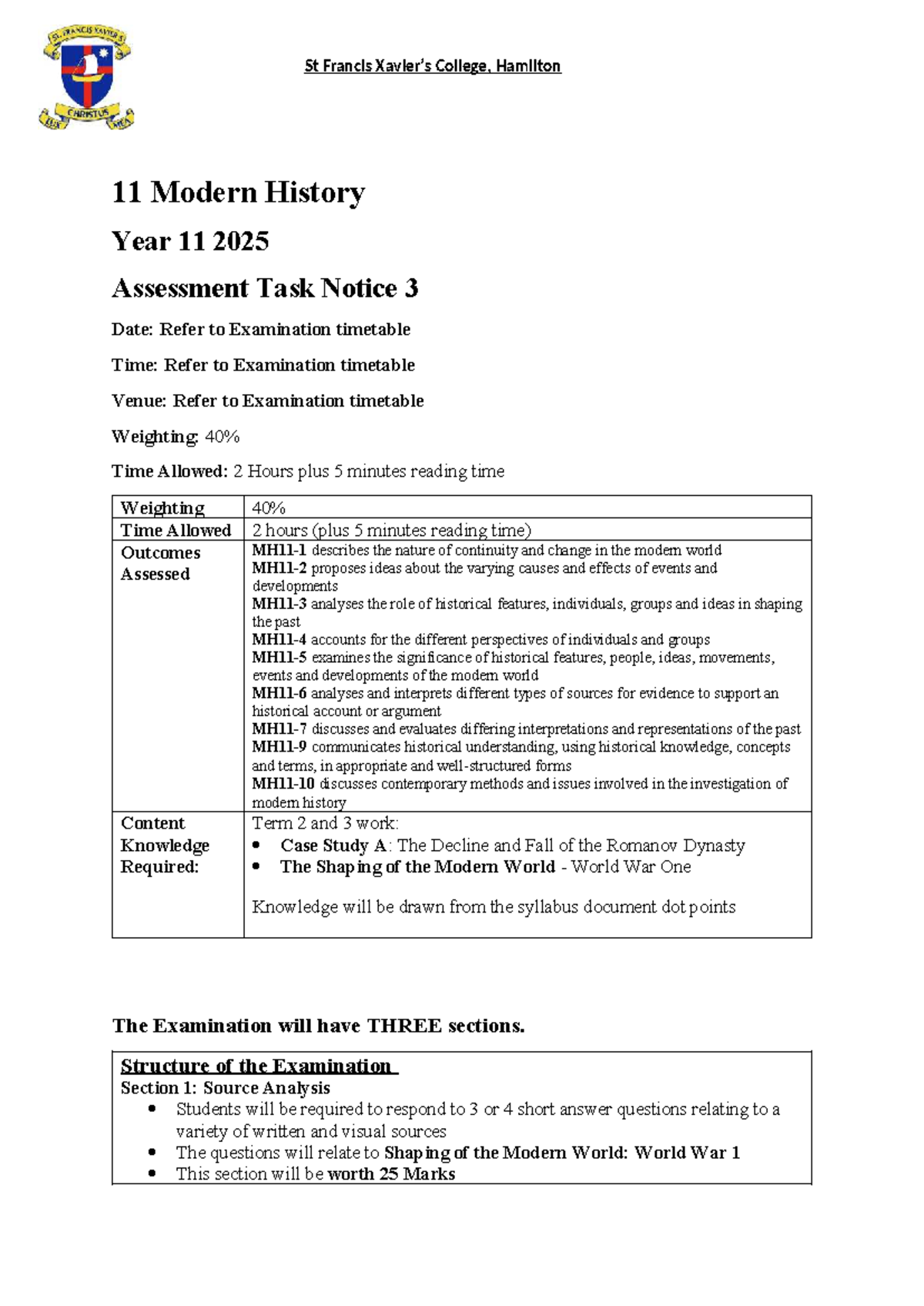 11 Modern History Assessment Task 3 Notification 2025 - Studocu
