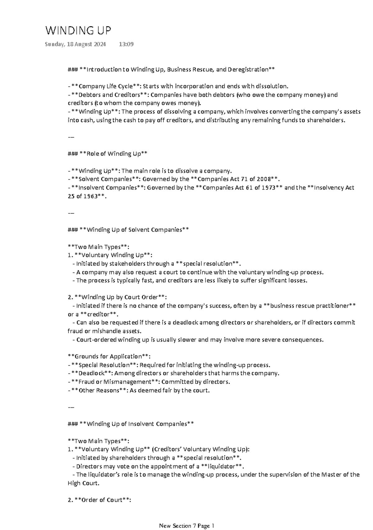 WINDING UP: Business Law Notes on Company Dissolution & Rescue - Studocu