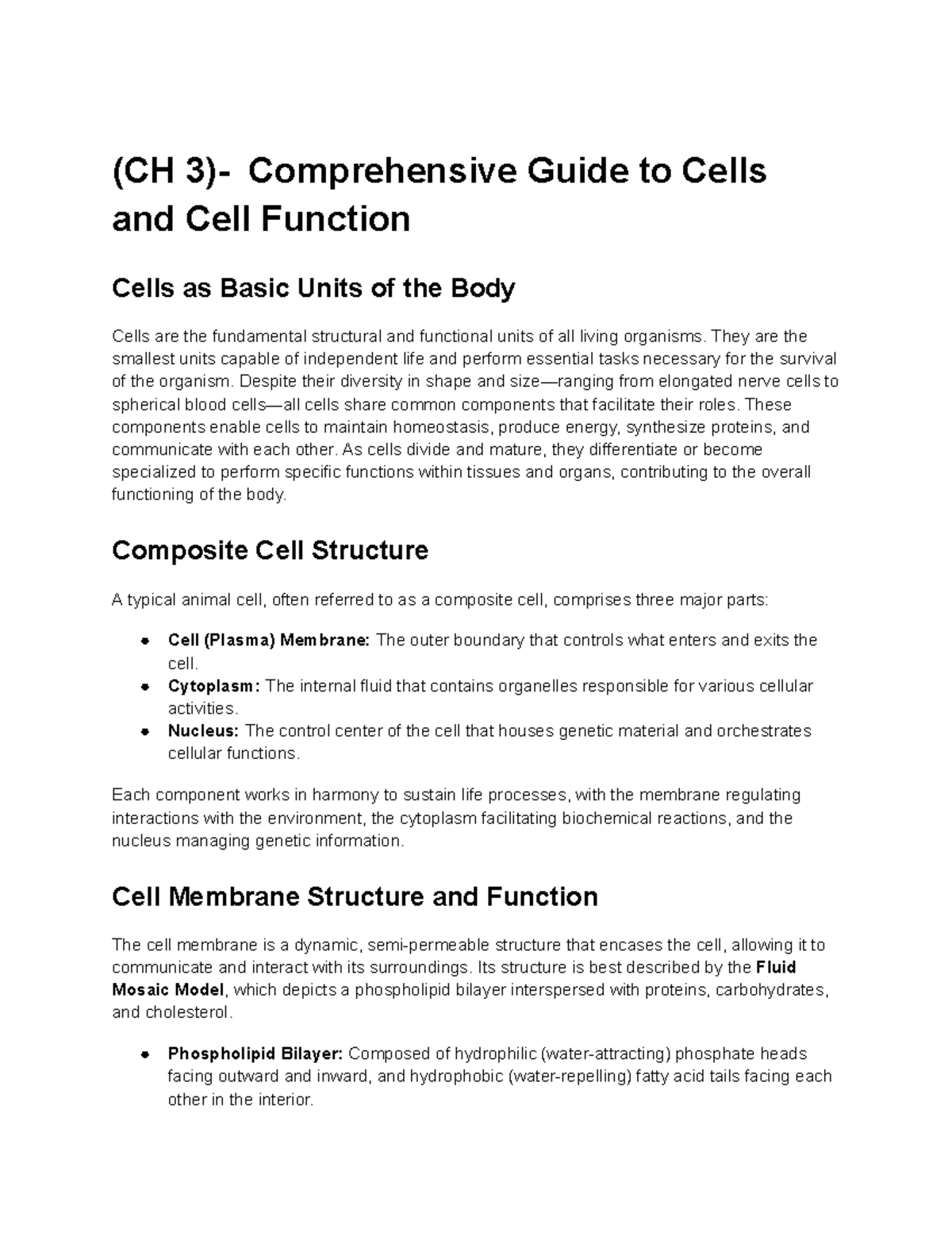 Comprehensive Guide to Cell Function, Metabolism, and Genetics (CH ...