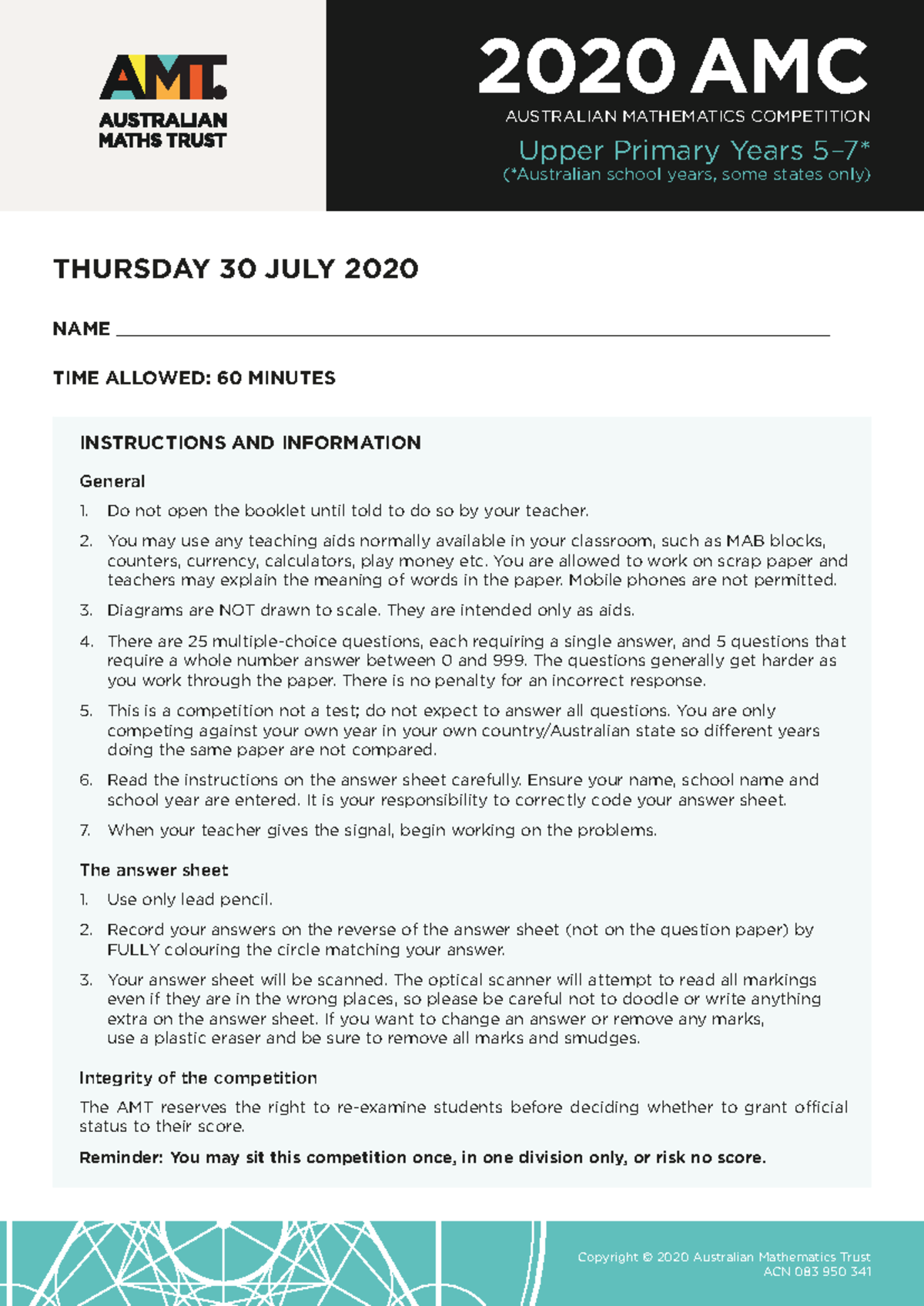 2020 AMC Upper Primary Maths Competition Paper - Student Instructions ...