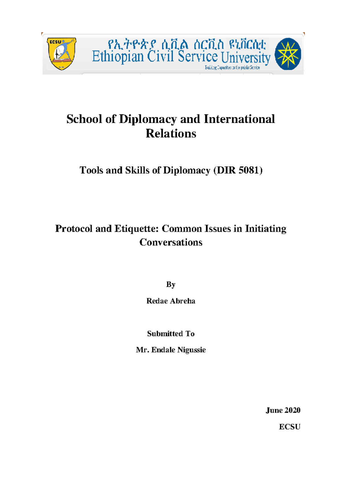 DIR 5081 - Assignment on Diplomatic Etiquette and Initial Conversations ...