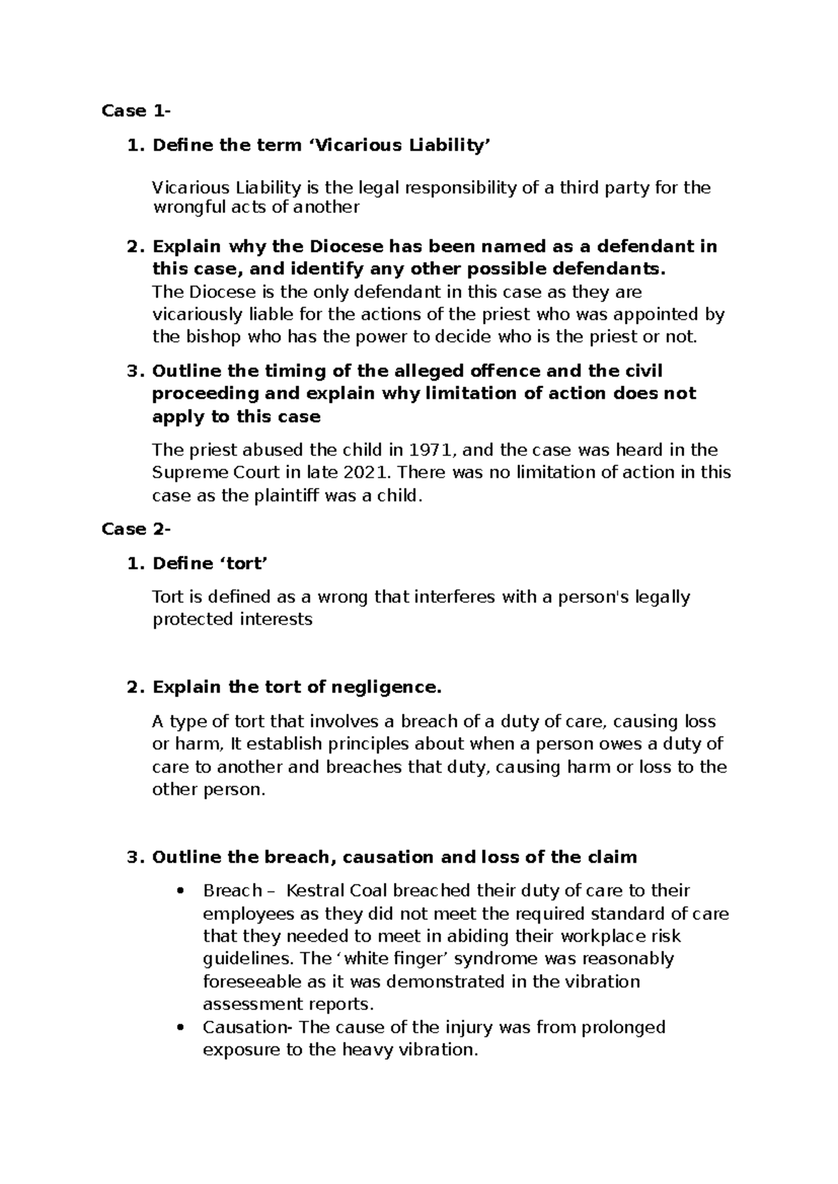 Case Study Analysis: Vicarious Liability & Tort Law Insights - Studocu