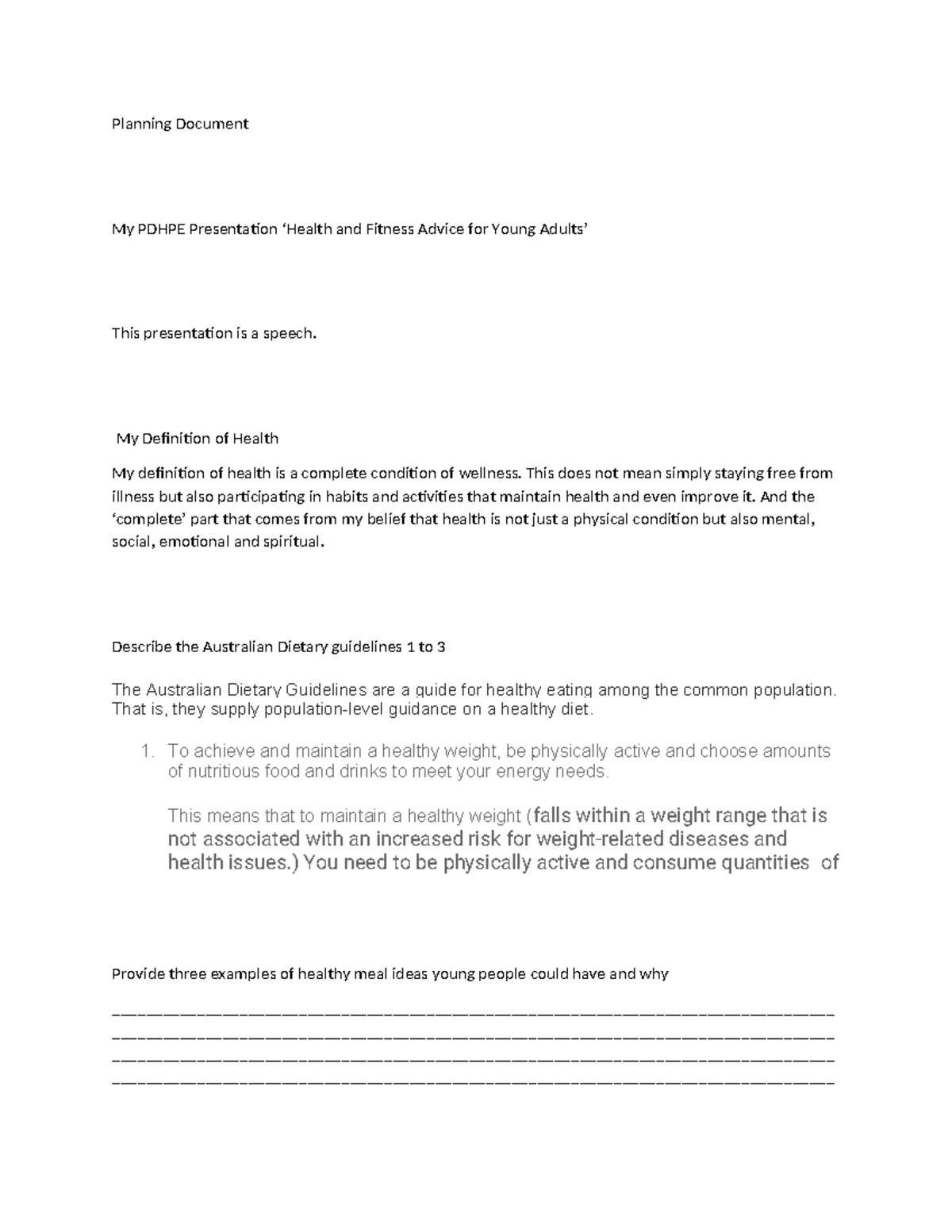 Planning document for PDHPE presentation on health and fitness advice ...