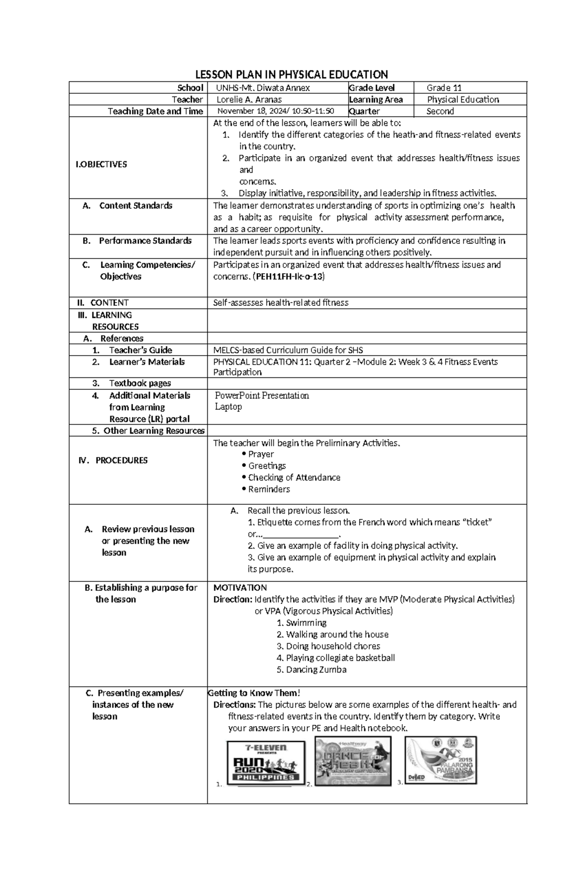 PE 11 Lesson Plan: Engaging Students in Fitness Activities - Studocu