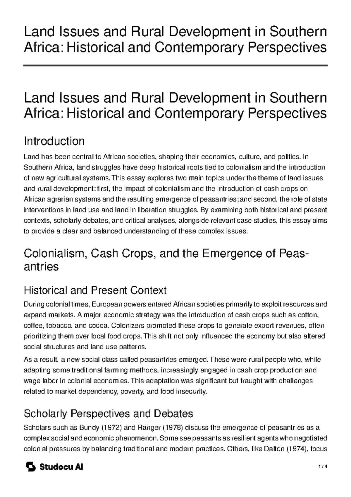Land Issues and Rural Development in Southern Africa: An Essay - Studocu