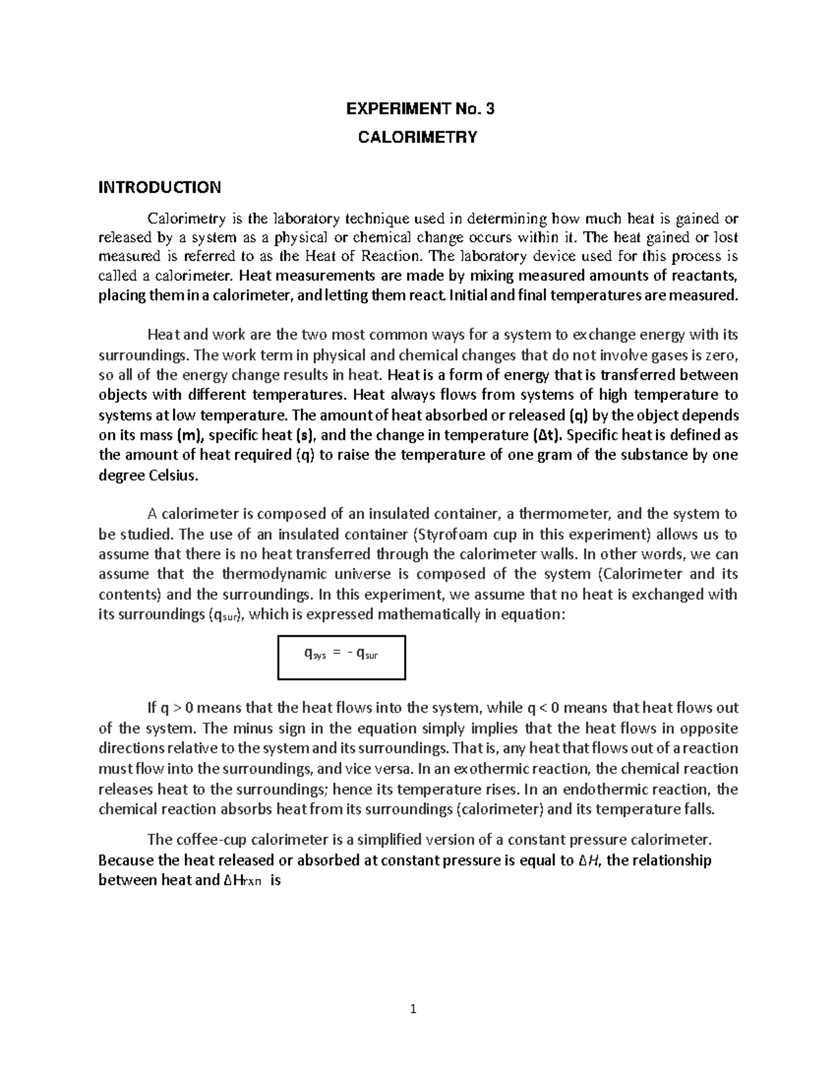 Experiment No. 3: Calorimetry and Heat of Neutralization - Studocu