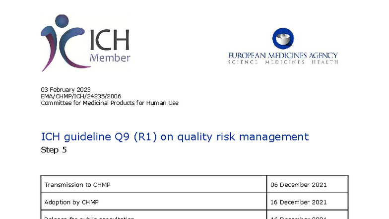 ICH Q9(R1) Quality Risk Management Guidelines - February 2023 Update ...