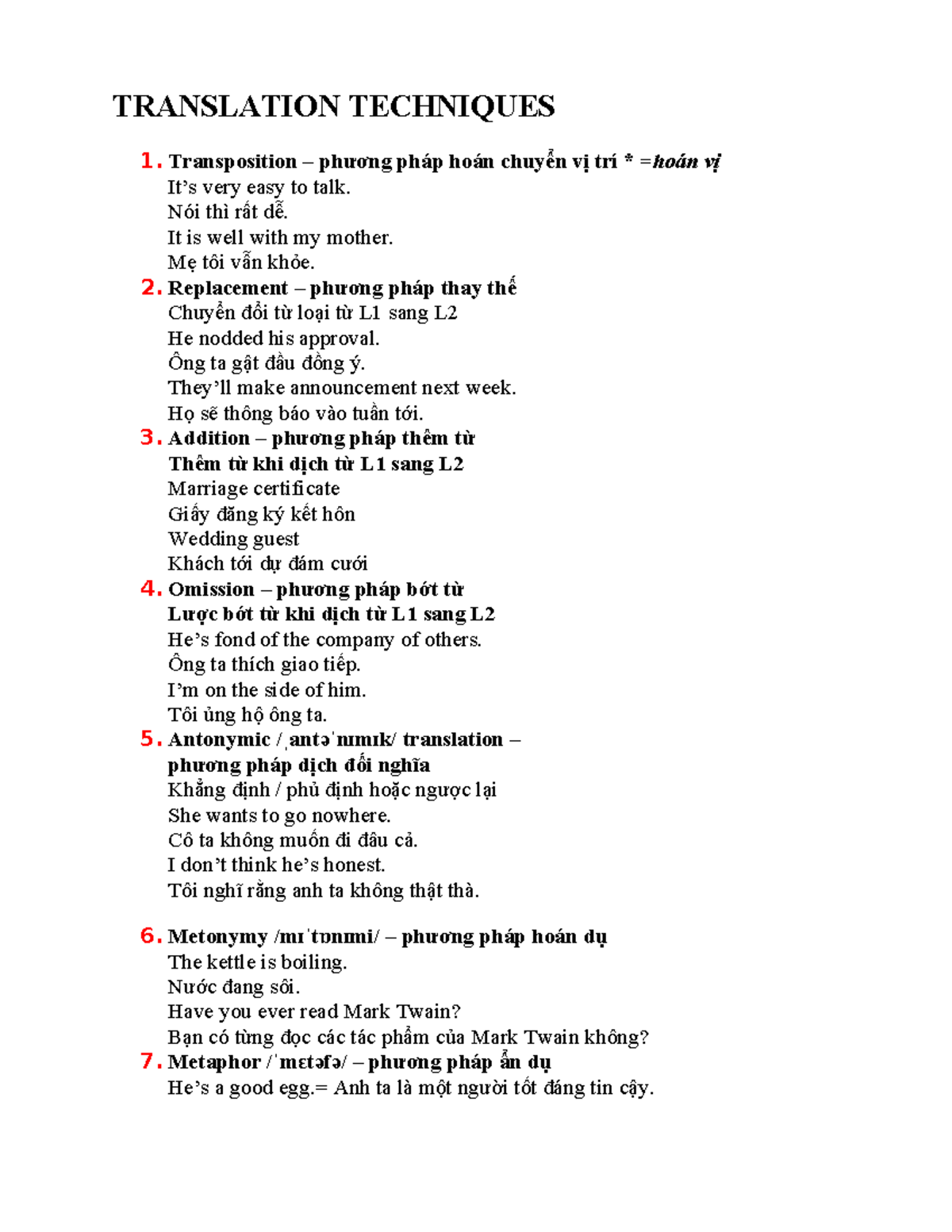 Translation Techniques - TRANSLATION TECHNIQUES Transposition – phương ...