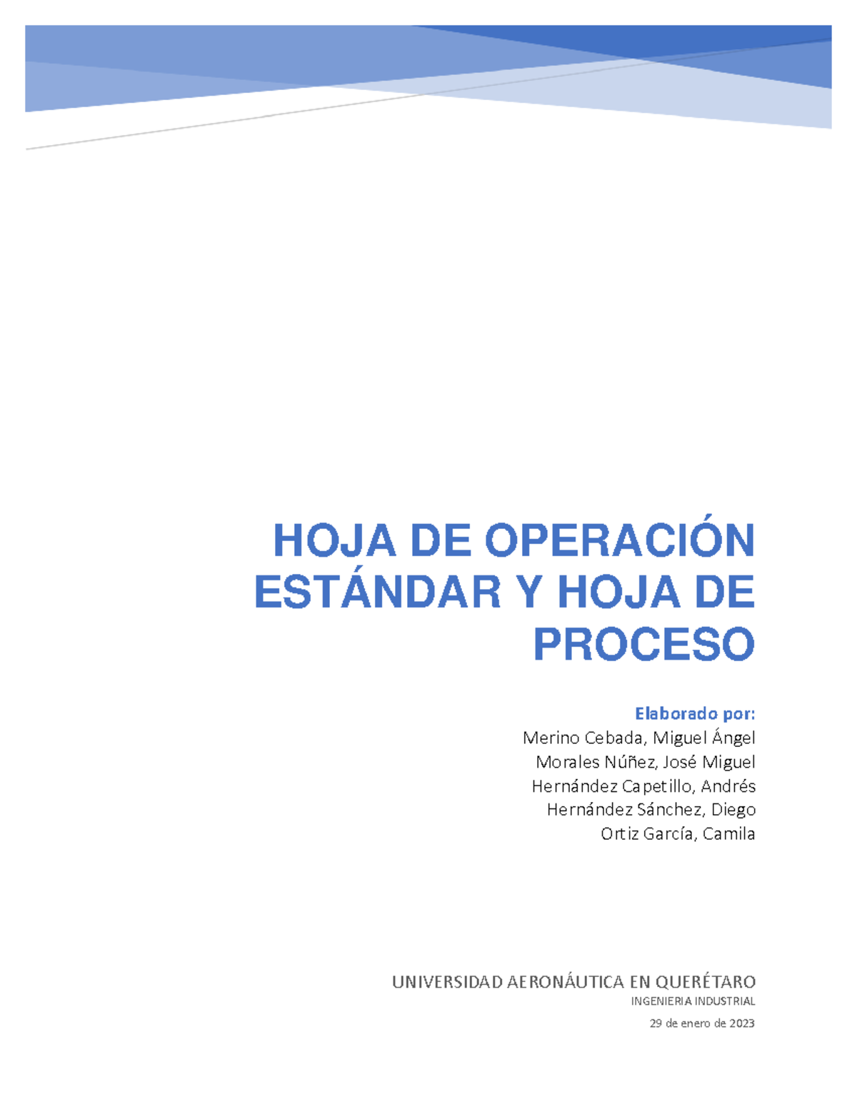 Hoja de Operación Estándar y Proceso en Ingeniería Industrial - Studocu