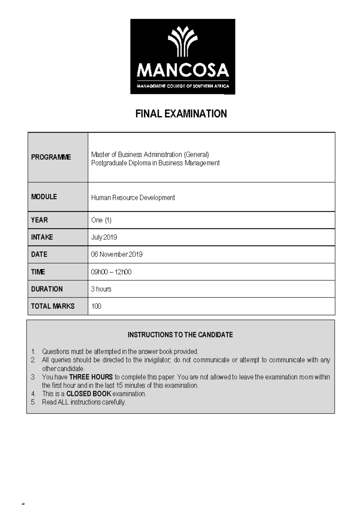 MBA HRD Final Exam - Master of Business Administration 2019 - Studocu