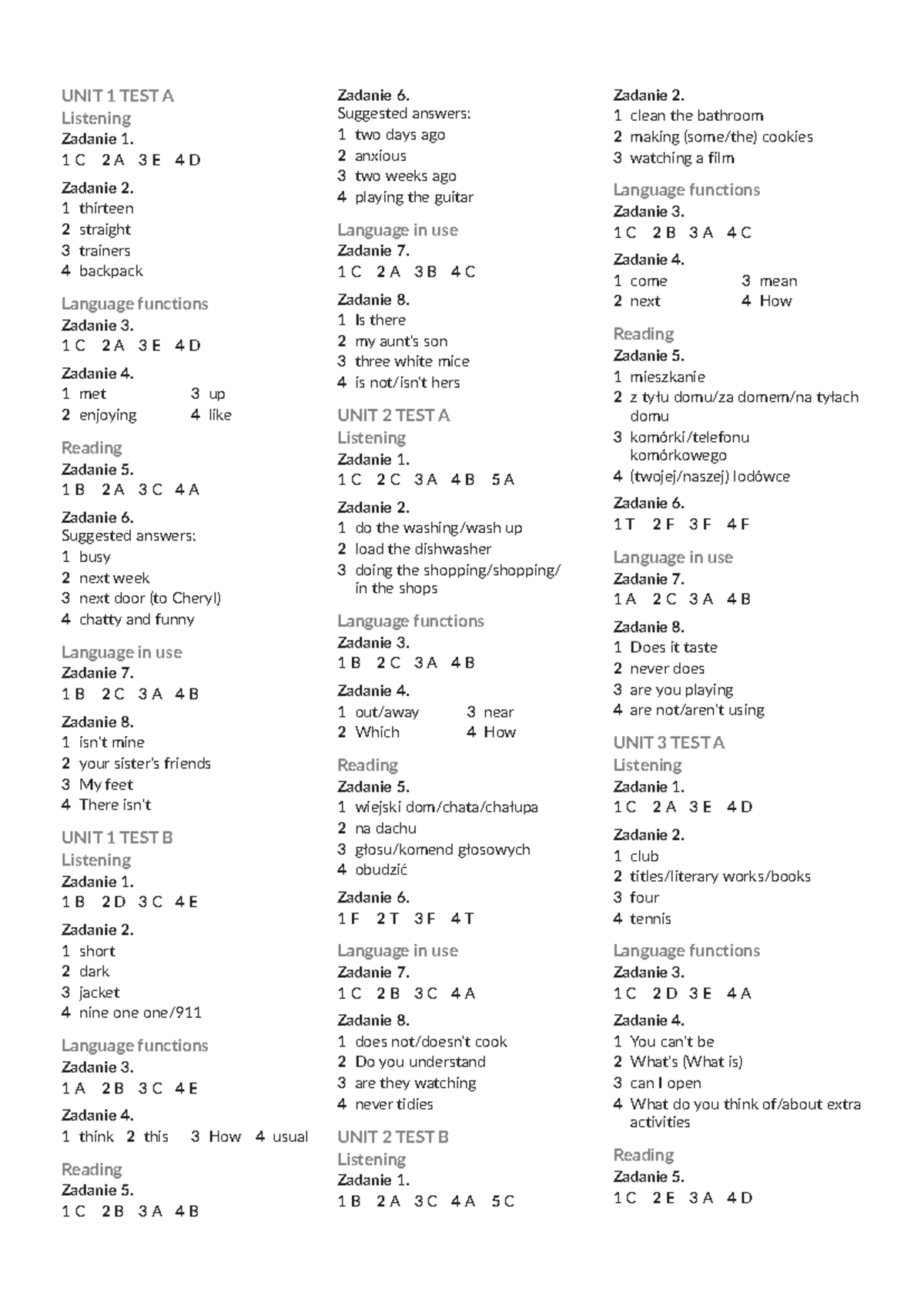 UNIT 1-12 TEST ANSWERS: Listening & Language Functions - Studocu