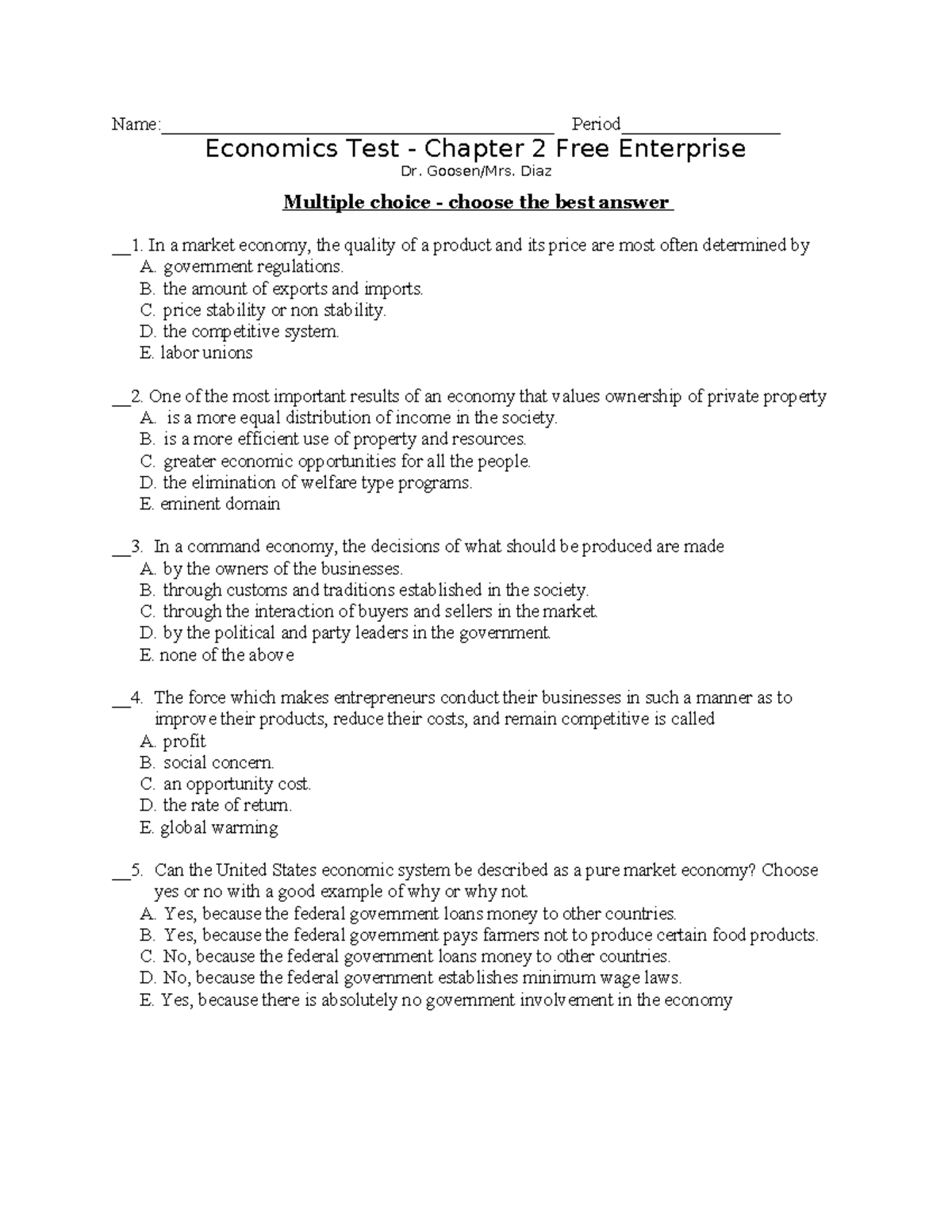 Econ 101 - Chapter 2 Free Enterprise Test Sample Questions - Studocu