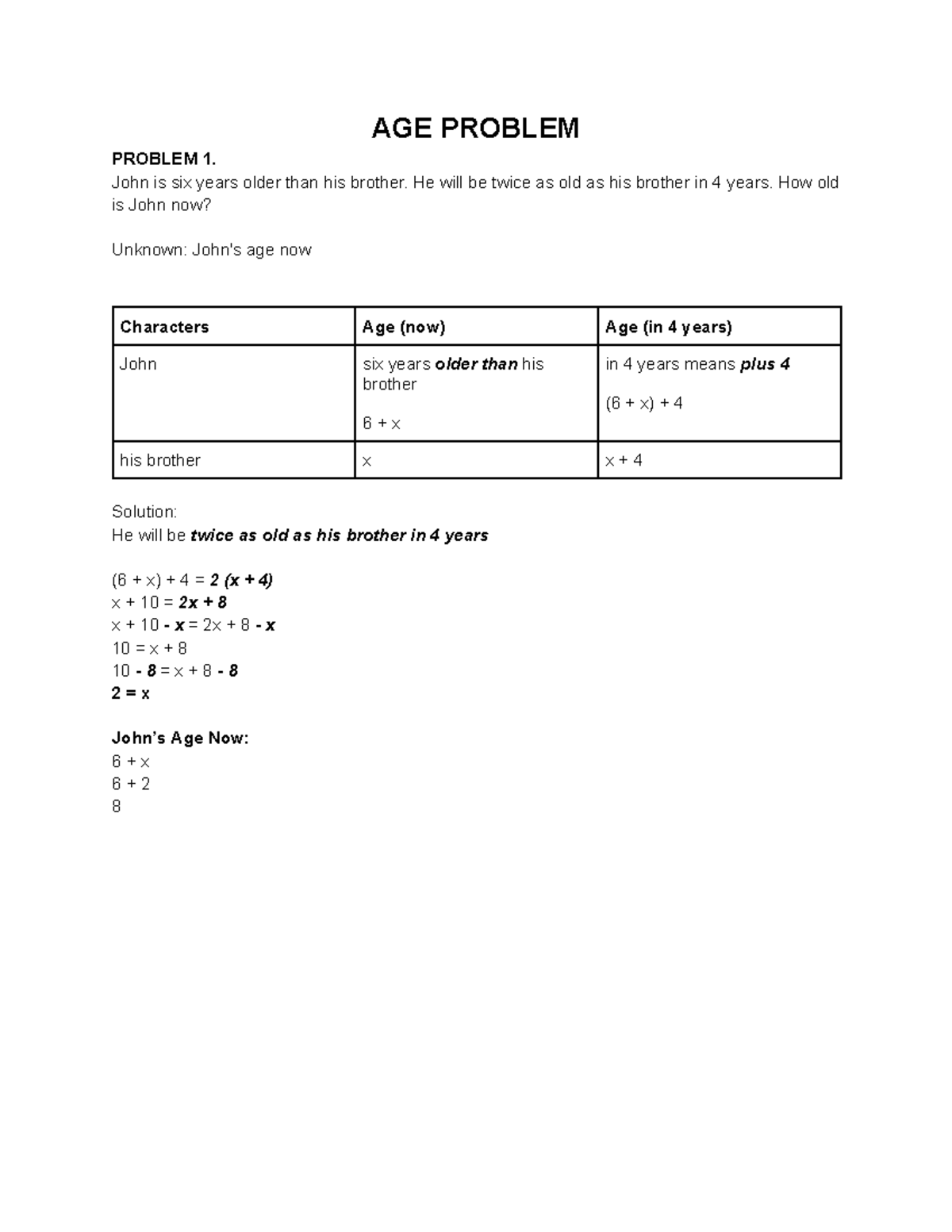 AGE Problem - Math Solutions for John and Vaughn's Ages - Studocu