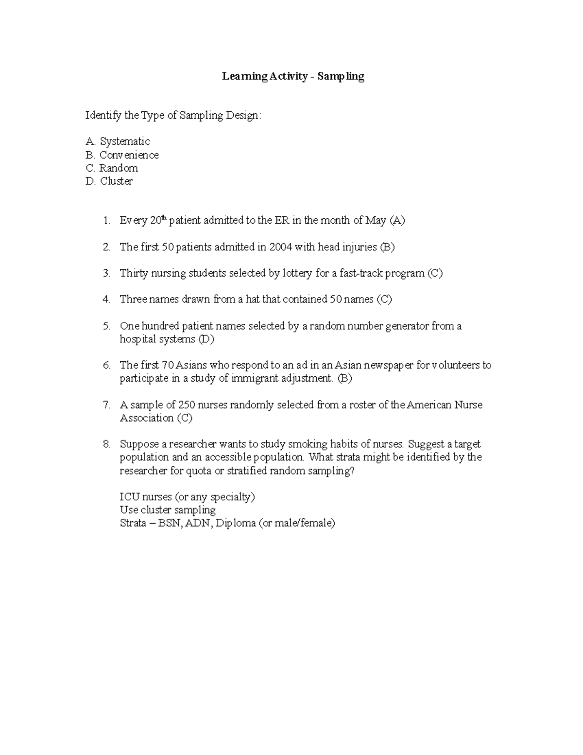 Sampling Activity Answers - Types of Sampling Design Explained - Studocu