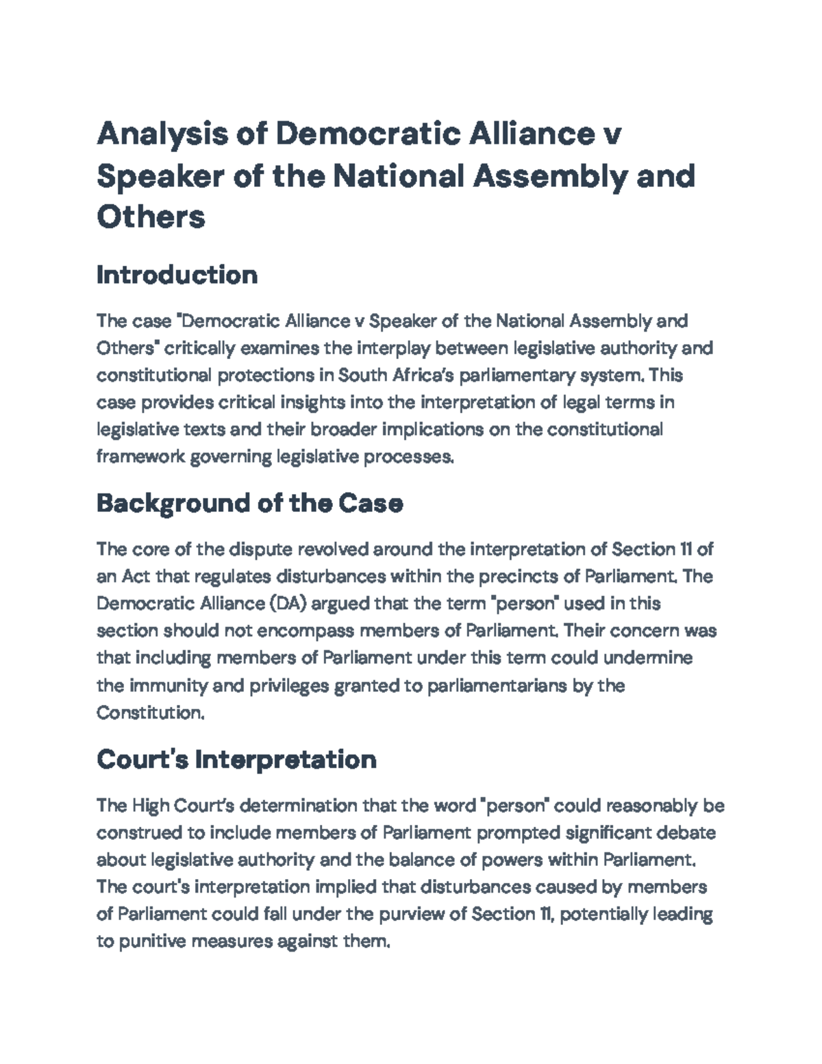 Analysis of Democratic Alliance v Speaker of the National Assembly Case ...