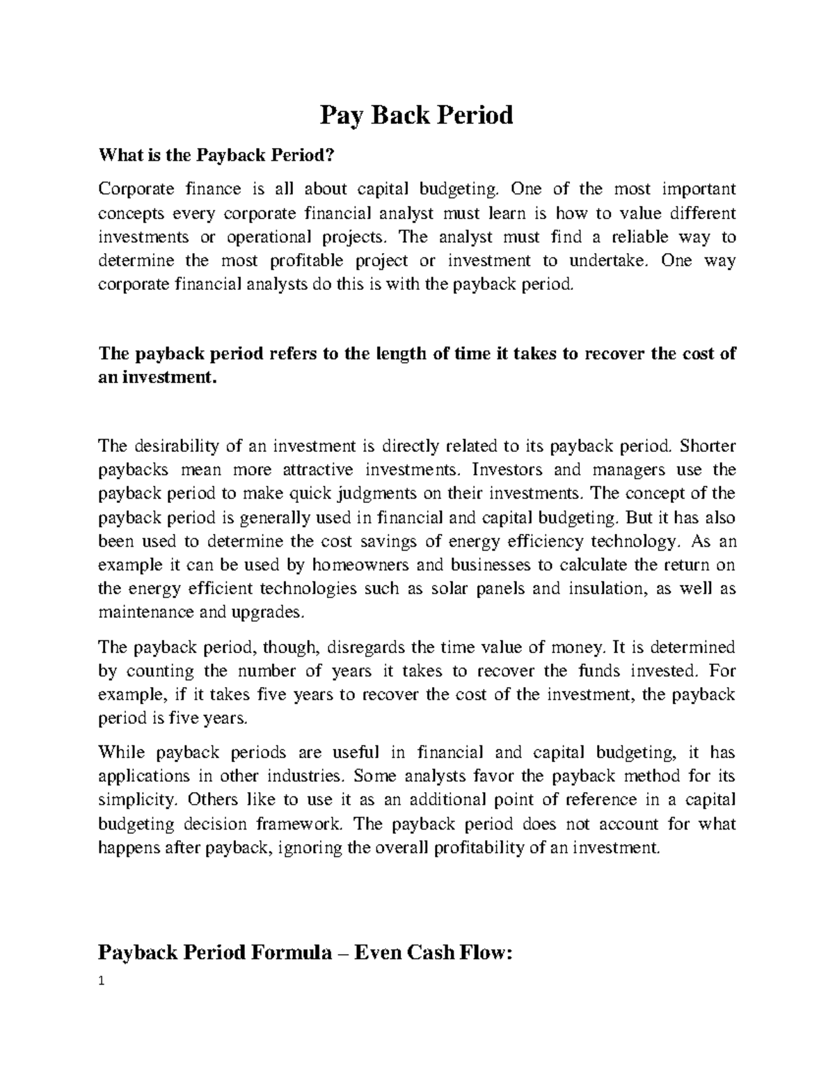 Payback exercises - Pay Back Period What is the Payback Period ...