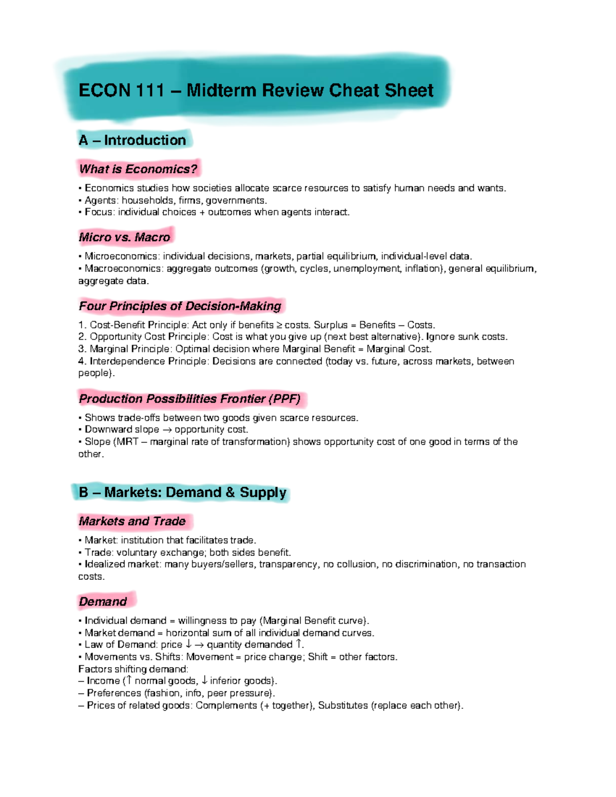 ECON111 Midterm Review Cheat Sheet: Key Concepts in Economics - Studocu