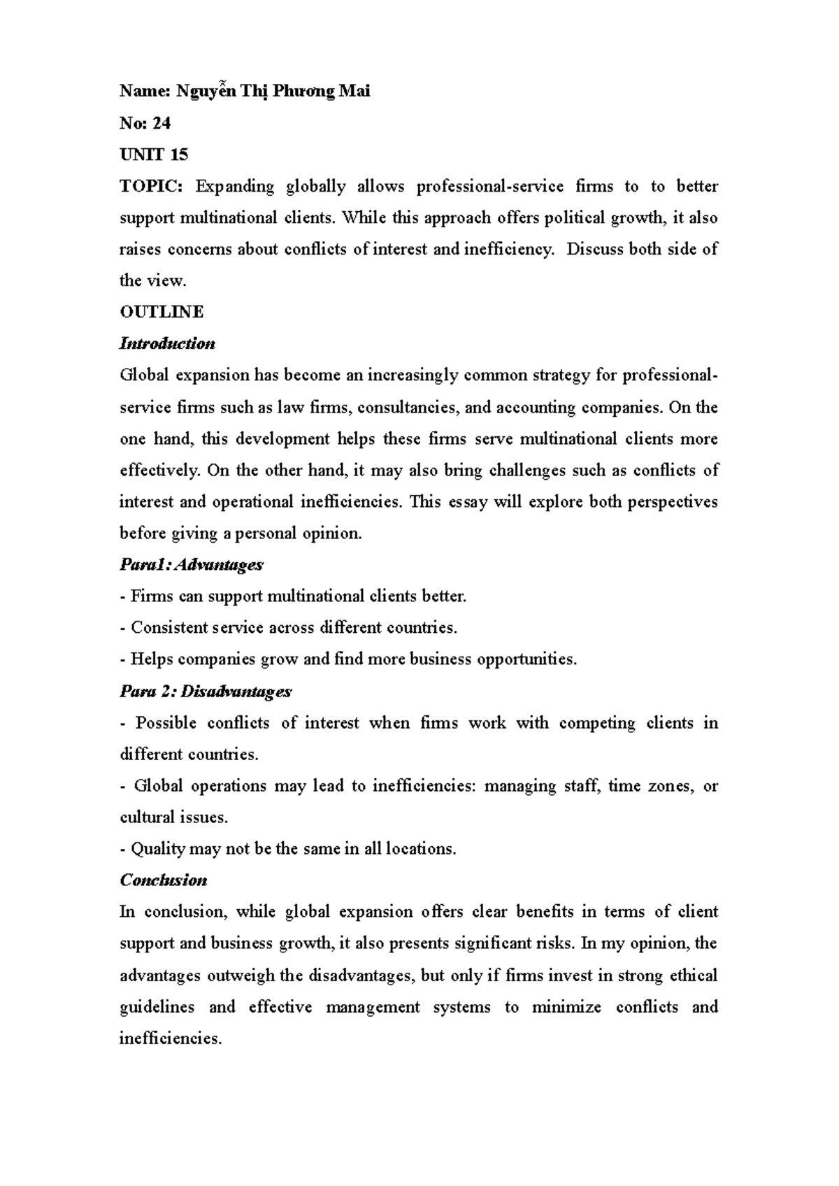 Essay U15: Global Expansion for Multinational Client Support - Studocu
