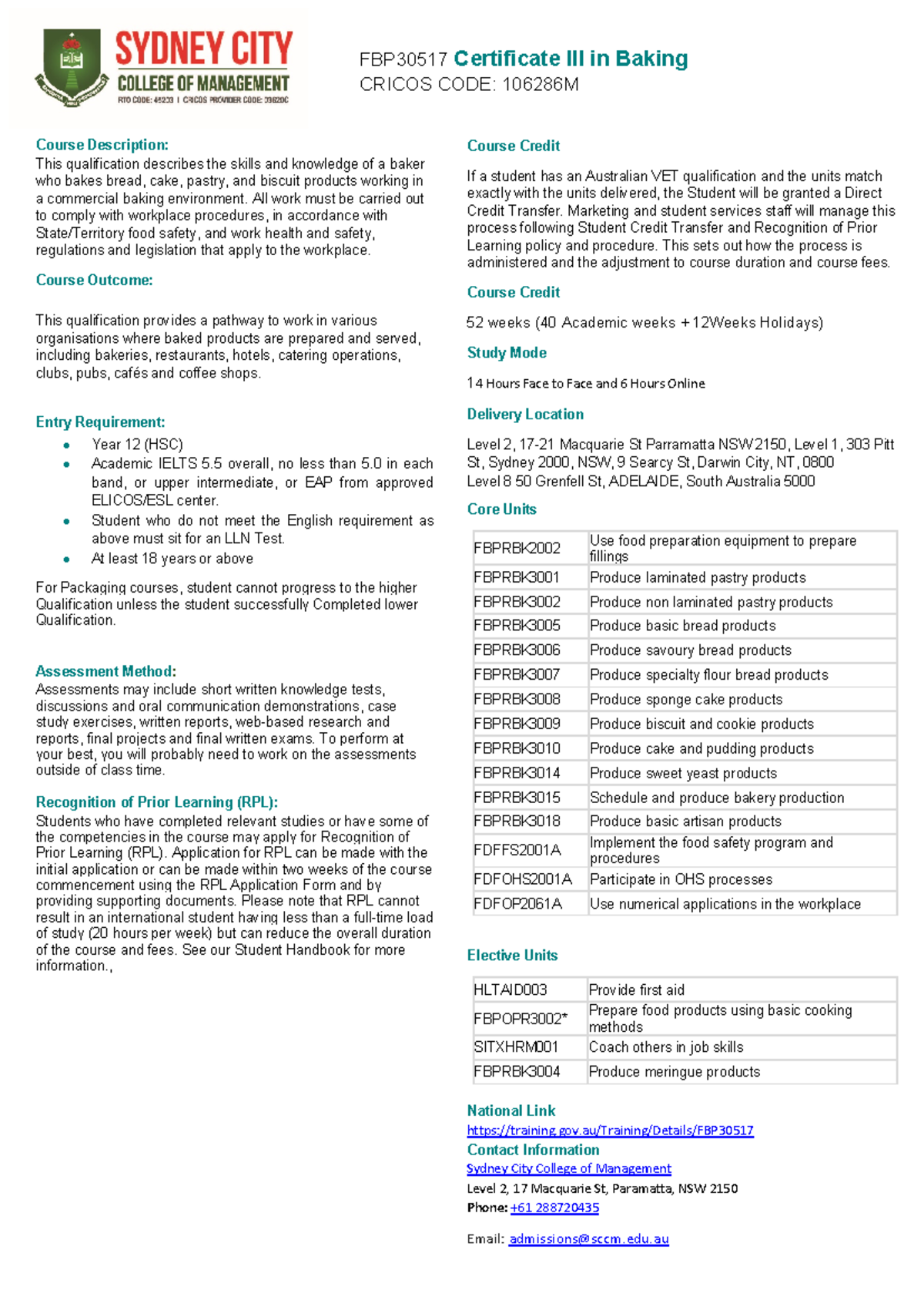 FBP30517 Certificate III in Baking Course Overview and Outcomes - Studocu