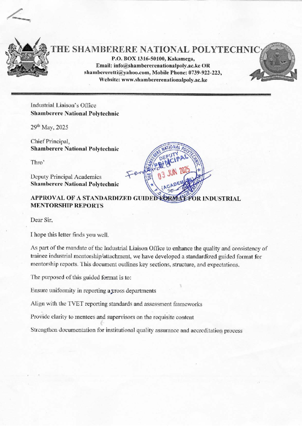 Approval of Standardized Format for Industrial Mentorship Reports - SHB ...