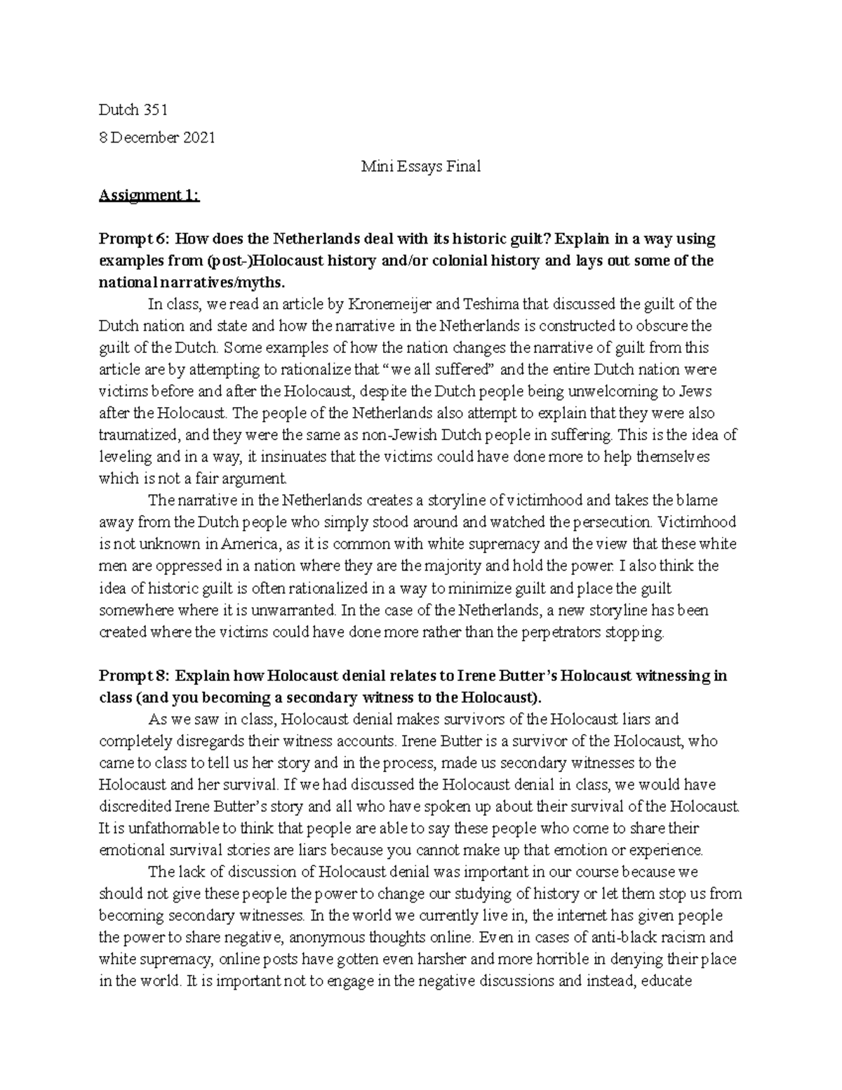Dutch 351 Mini Essays Final - Dutch 351 8 December 2021 Mini Essays ...