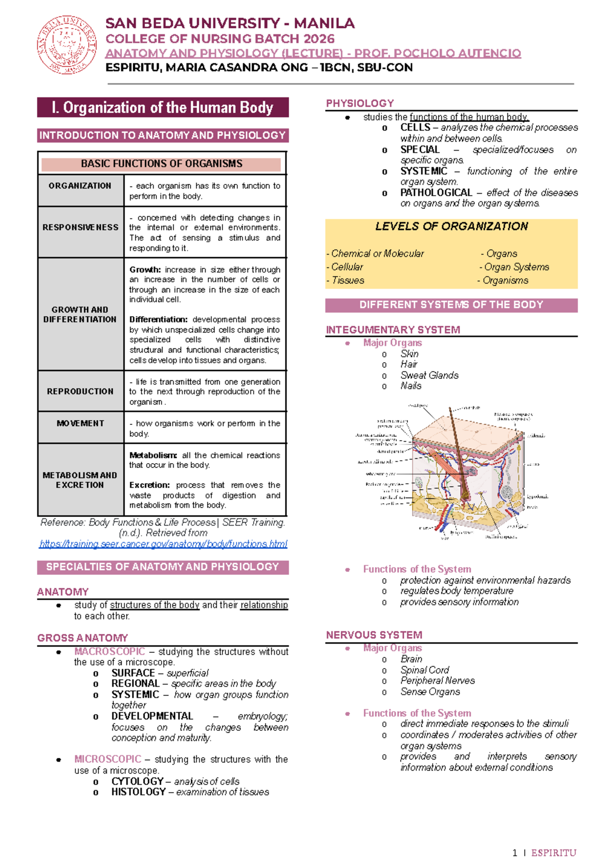 ANATOMY AND PHYSIOLOGY LECTURE NOTES - CHPTS 1-8 - 1BCN SBU-CON - Studocu