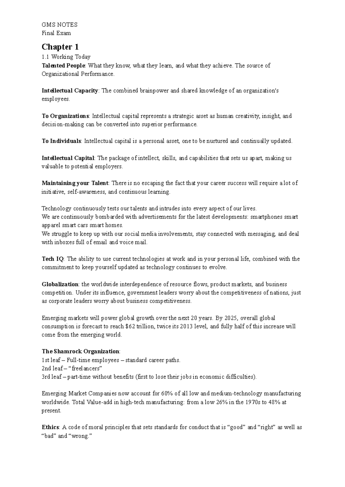 GMS 200 Midterm Notes - Final Exam Chapter 1 1 Working Today Talented ...