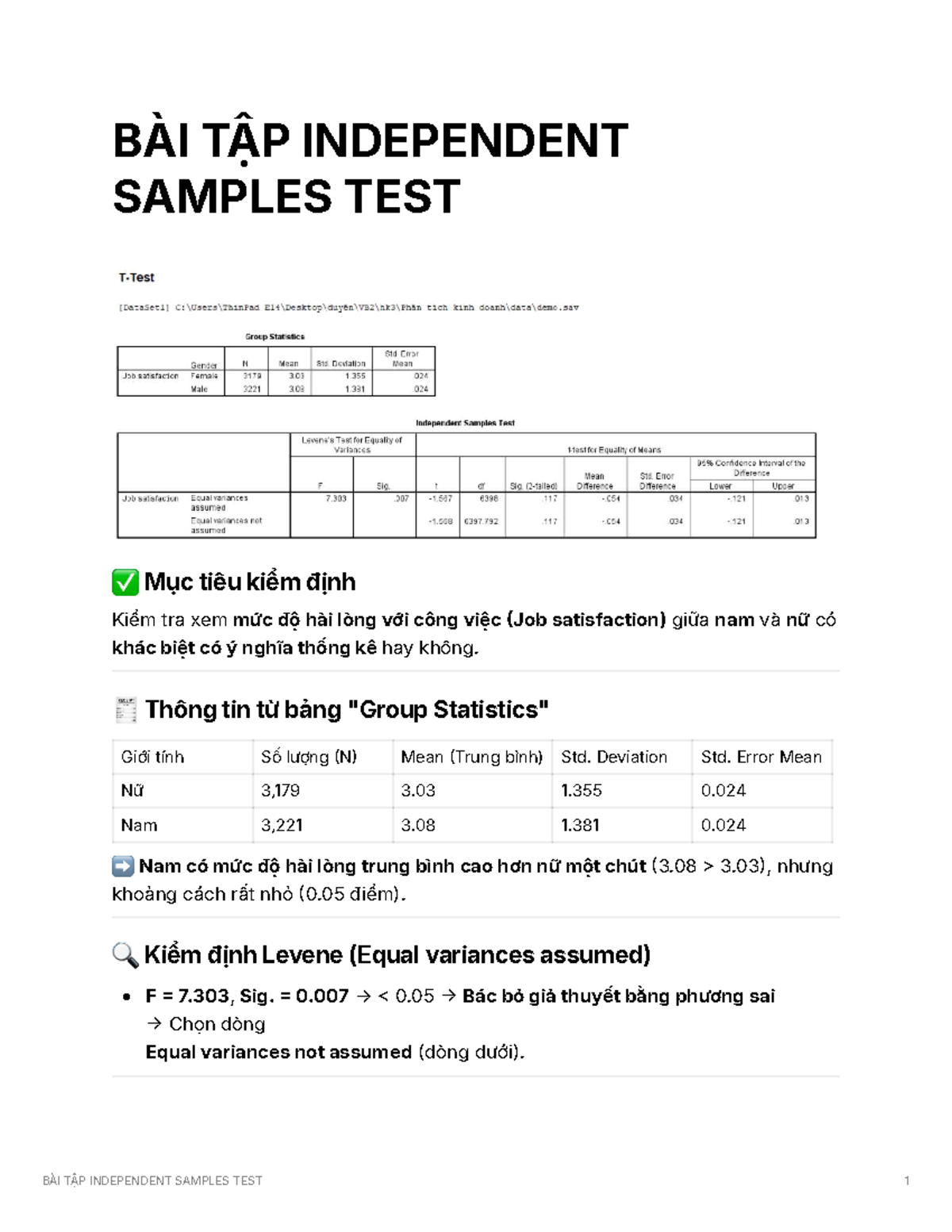 BÀI TẬP Independent Samples TEST - BÀI TẬP INDEPENDENT SAMPLES TEST Mục ...