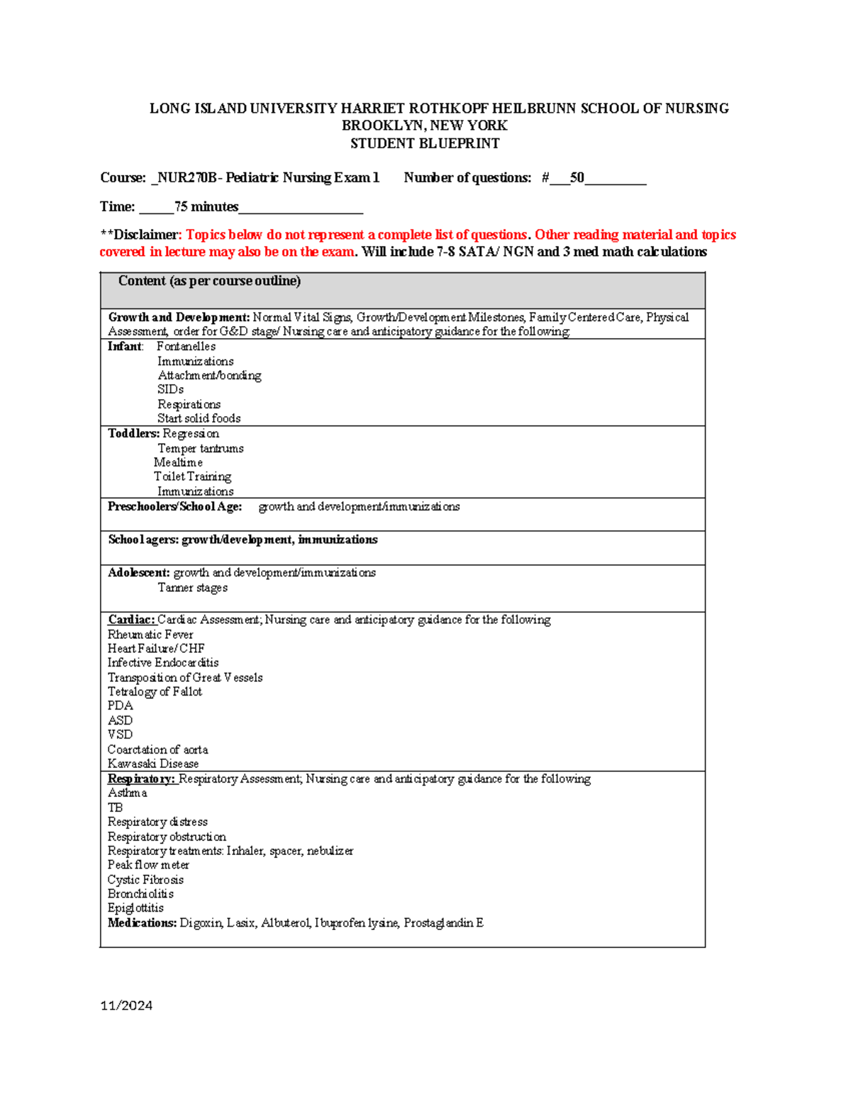 NUR270B - Pediatric Nursing Exam 1 Student Blueprint Spring 2025 - Studocu