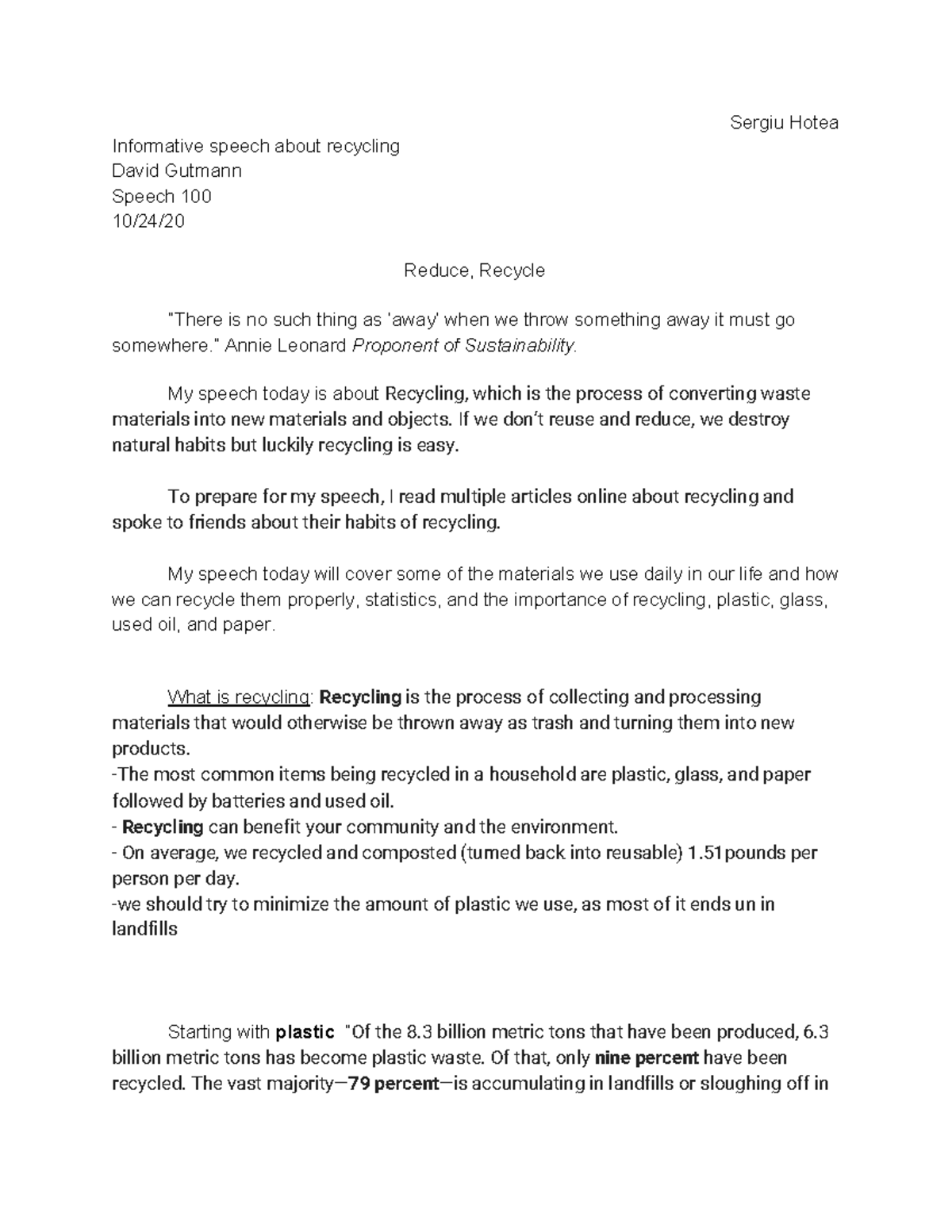 Speech 100: Reduce, Recycle - Informative Lecture Notes on Recycling ...