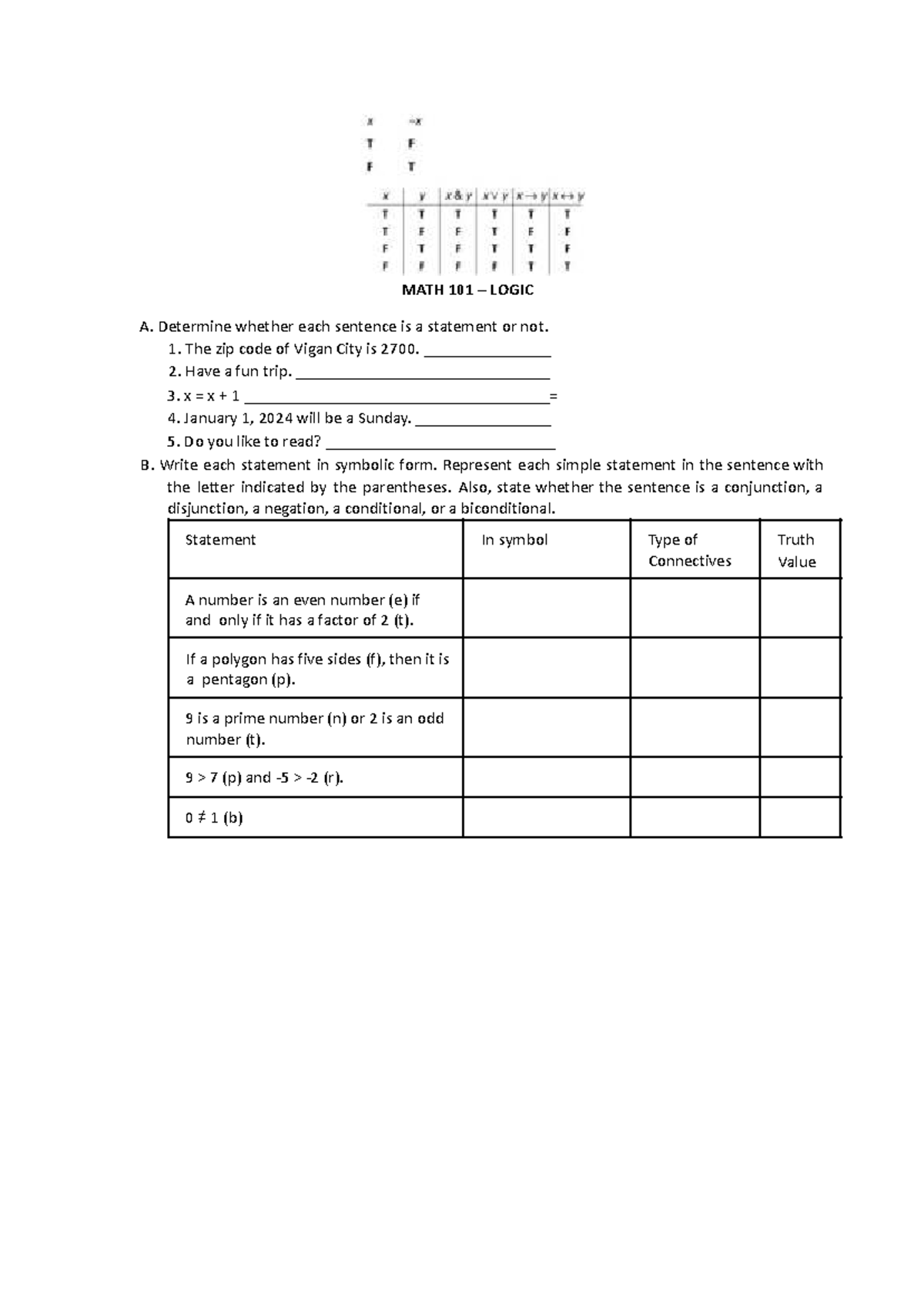 MATH 101 Logic: Statements, Symbolic Forms & Connectives Analysis - Studocu