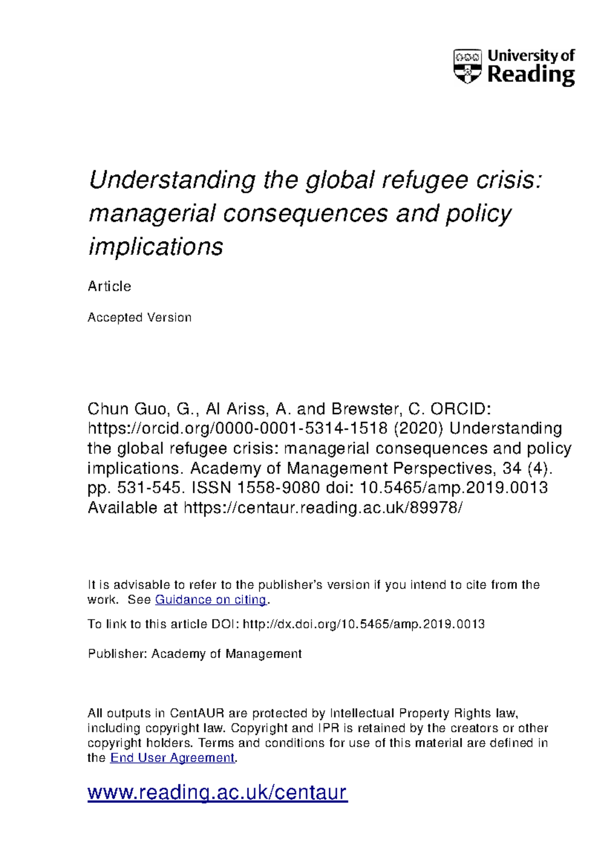 Understanding the Global Refugee Crisis: Managerial Implications and ...