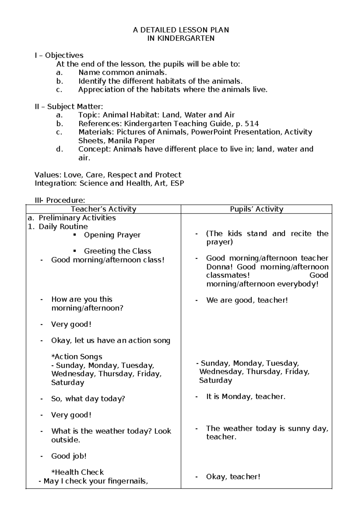 Detailed Lesson Plan for Kindergarten: Animal Habitats Q4 - Studocu