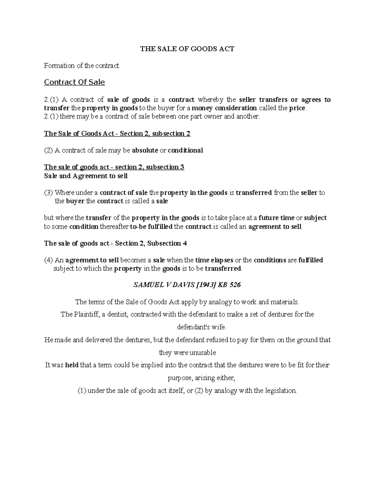 THE SALE OF GOODS ACT - LECTURE NOTES (LAW 101) - Studocu