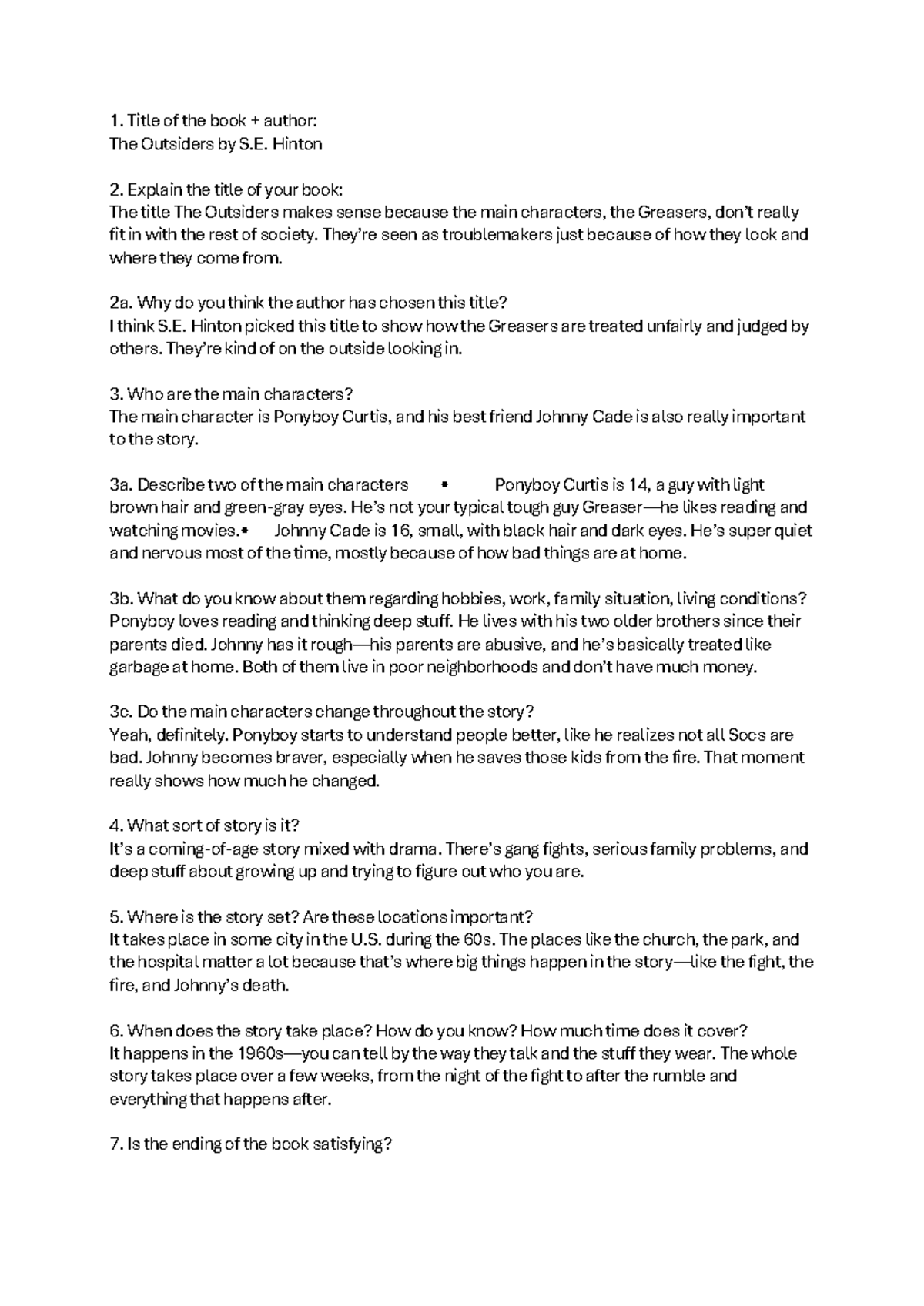 The Outsiders (ENG 101) - Character Analysis and Themes - Studeersnel