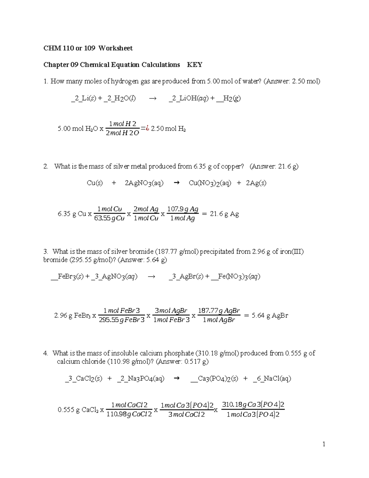 09 KEY to Worksheet Chapter 09 Chemical Equation Calculations - CHM 110 ...