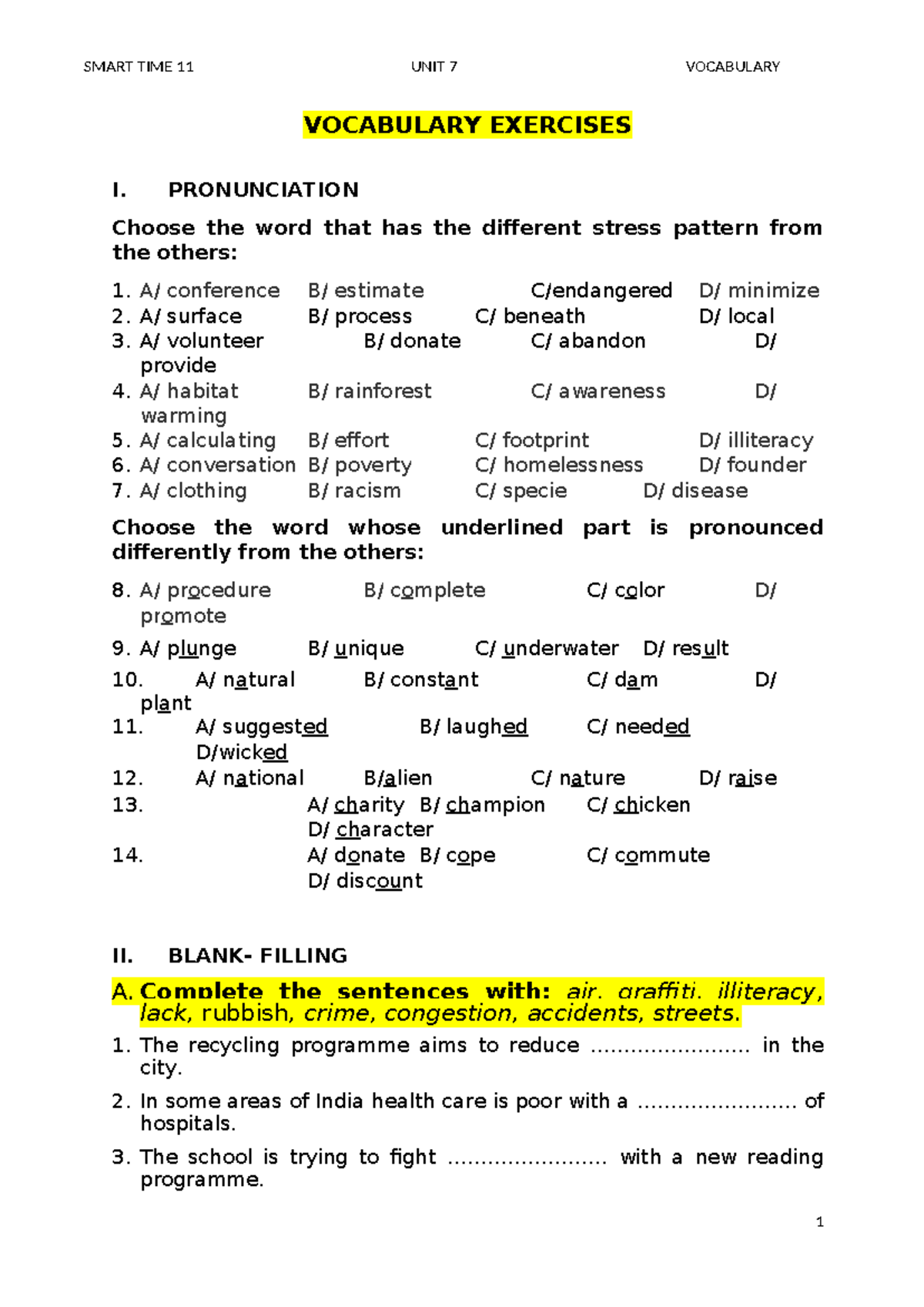 Vocabulary Exercises - Pronunciation and Sentence Completion (2022 ...