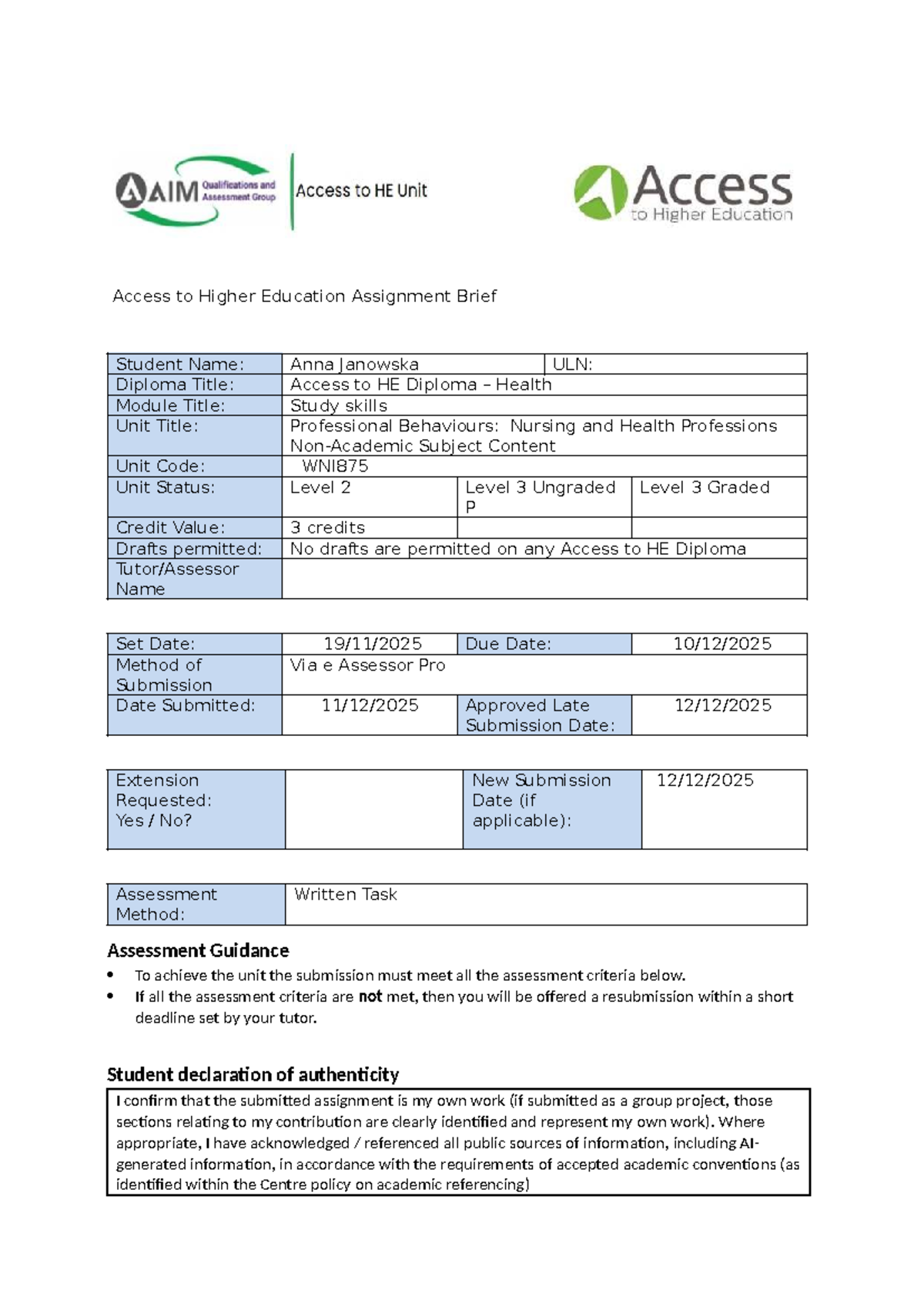 Access to HE Diploma: Professional Behaviours in Healthcare Assignment ...
