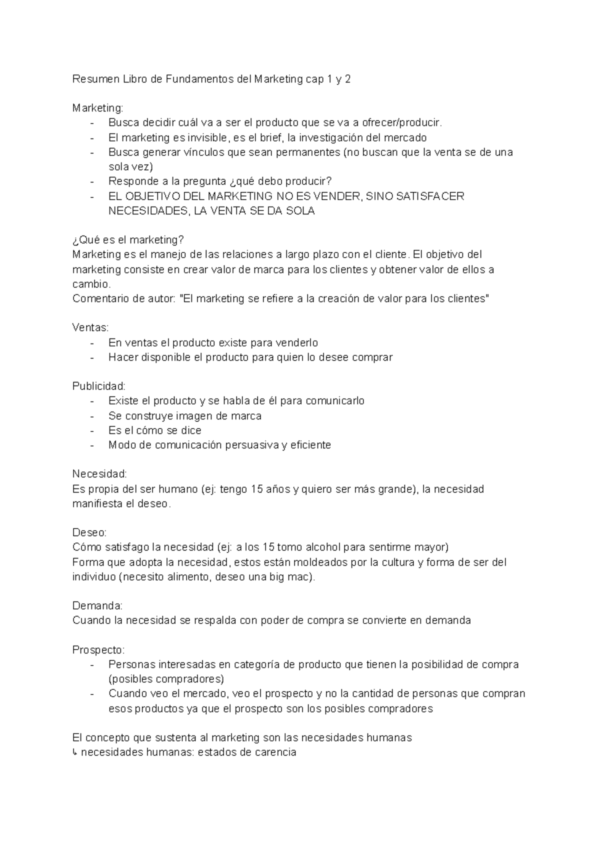 Resumen de Fundamentos del Marketing: Capítulos 1 y 2 (MKT101) - Studocu