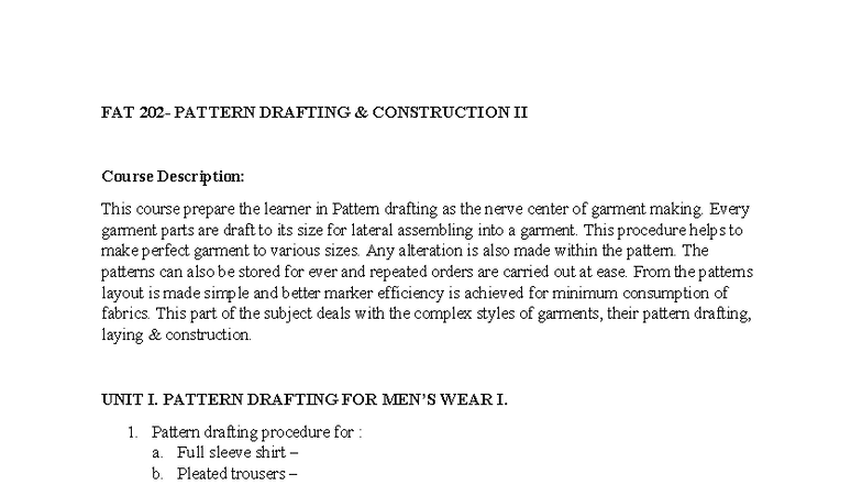 FAT 202 - Pattern Drafting Construction II Course Outline - Studocu