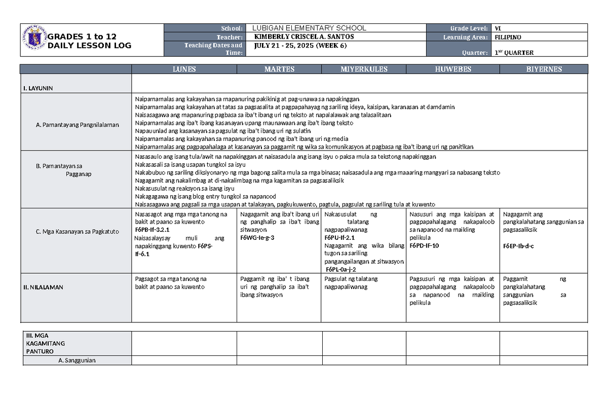 DLL Filipino 6 Q1 W6: Daily Lesson Log for July 21-25, 2025 - Studocu
