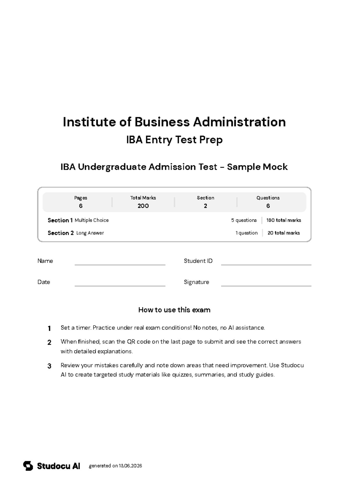 IBA Undergraduate Admission Test - Sample Mock - Studocu