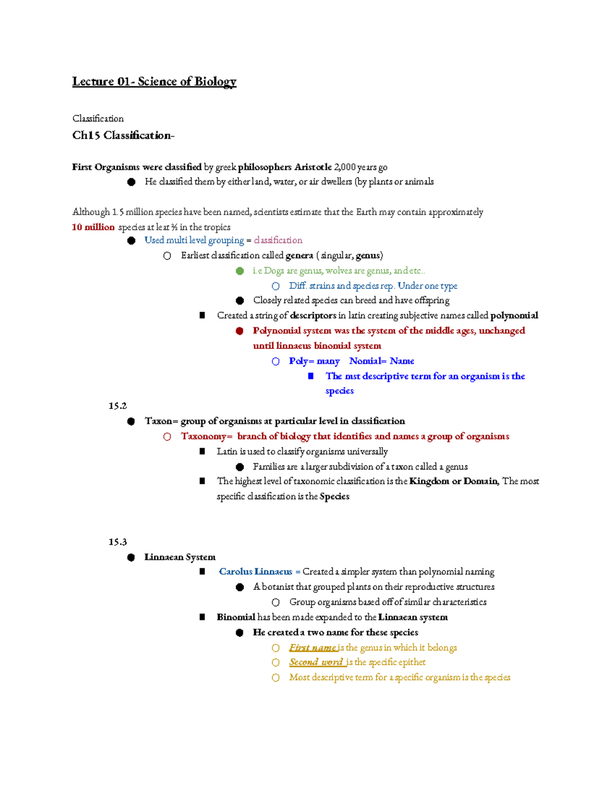 BISC104 Exam 1 Lecture Notes: Classification and Biological Themes ...